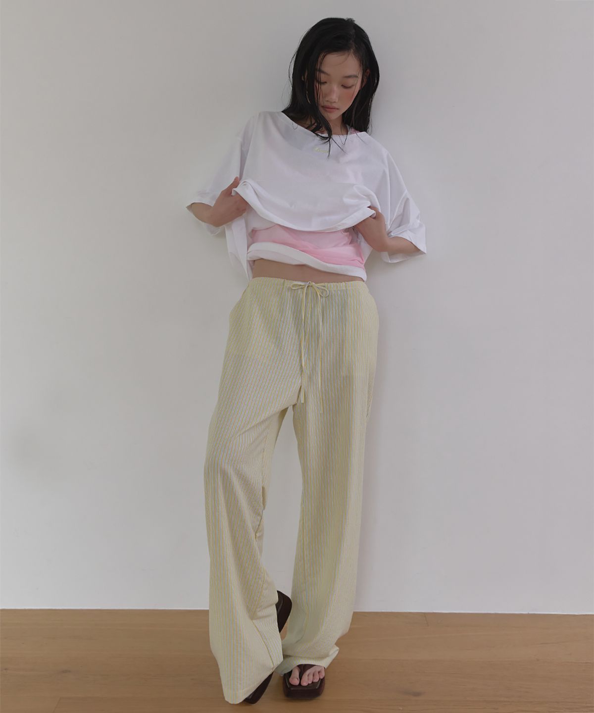 론크(LONQUE) STRIPED WIDE LEG ONE MILE PANTS (YELLOW)