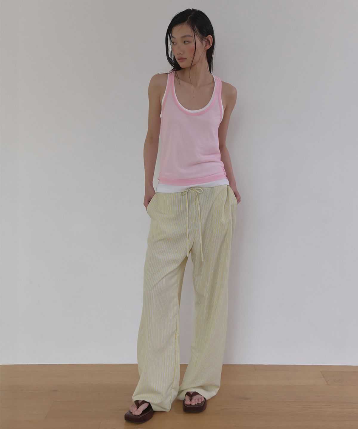 론크(LONQUE) STRIPED WIDE LEG ONE MILE PANTS (YELLOW)