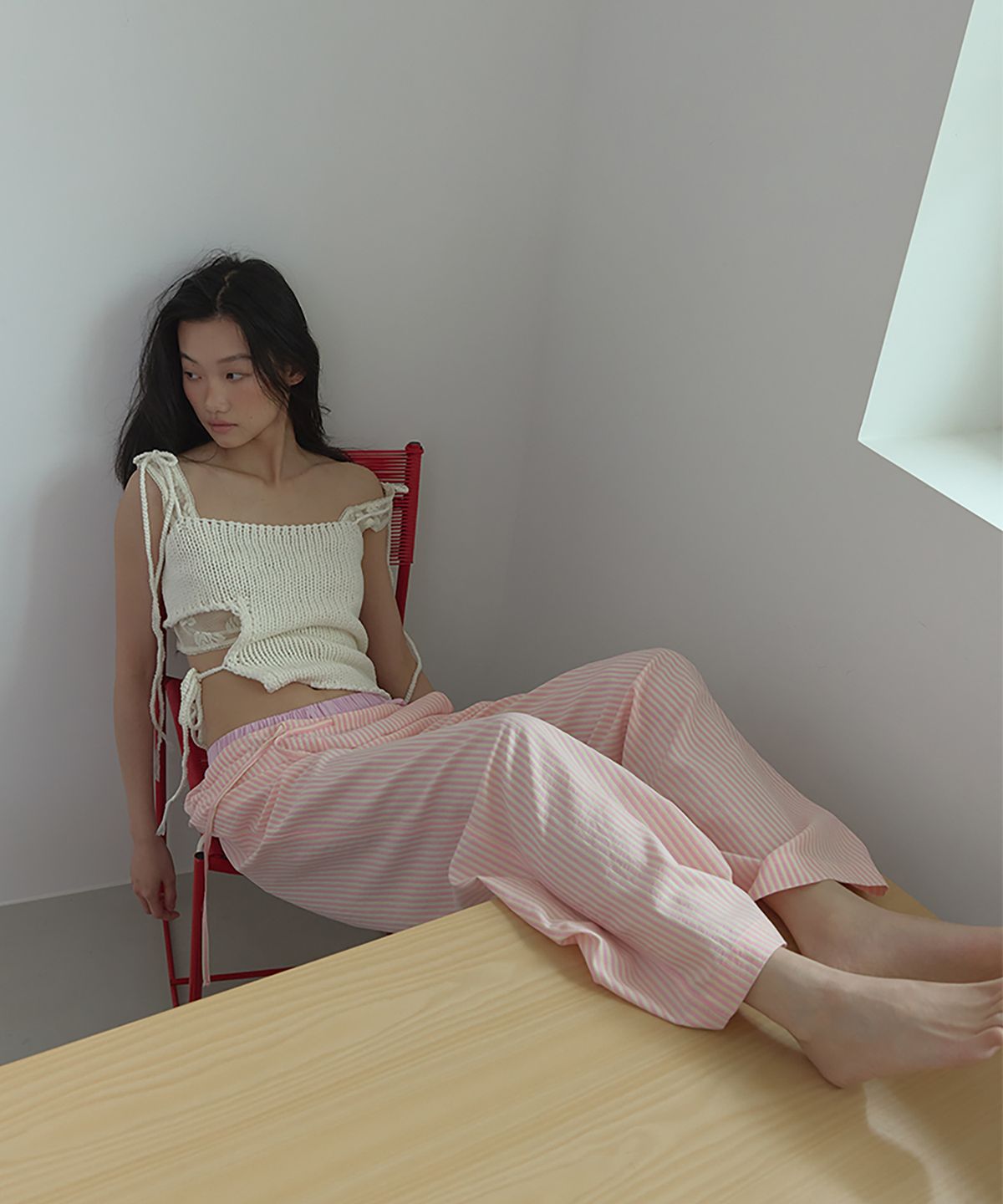 론크(LONQUE) STRIPED WIDE LEG ONE MILE PANTS (PINK)