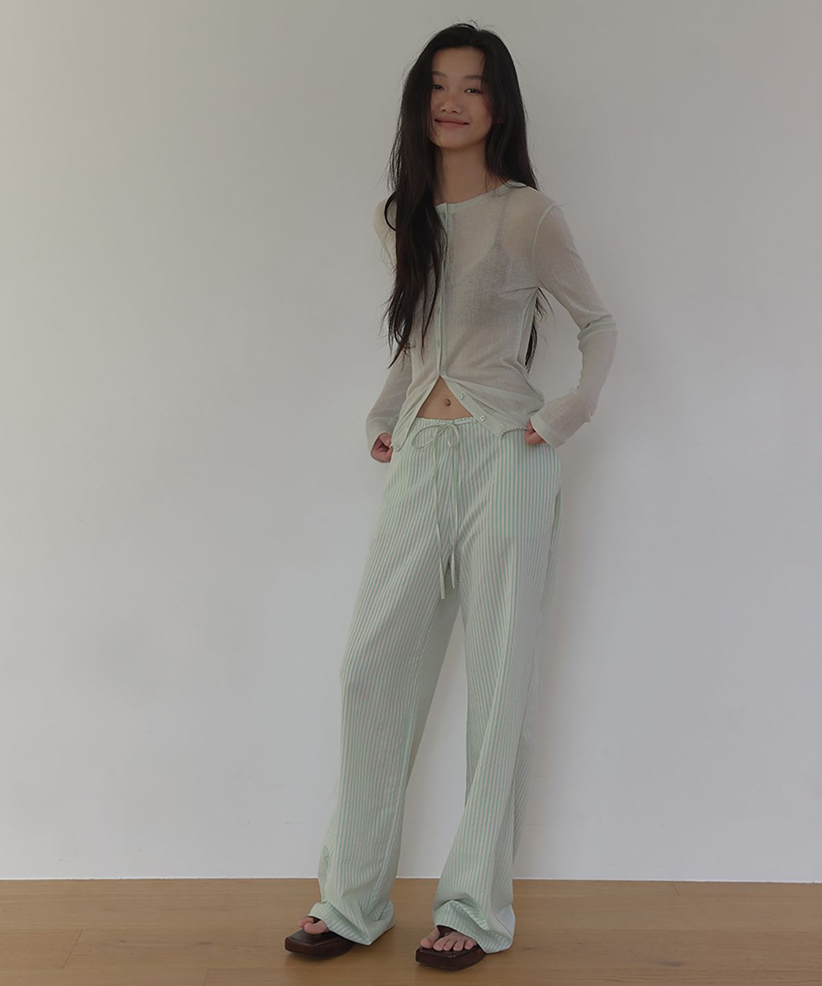 론크(LONQUE) STRIPED WIDE LEG ONE MILE PANTS (APPLE MINT)