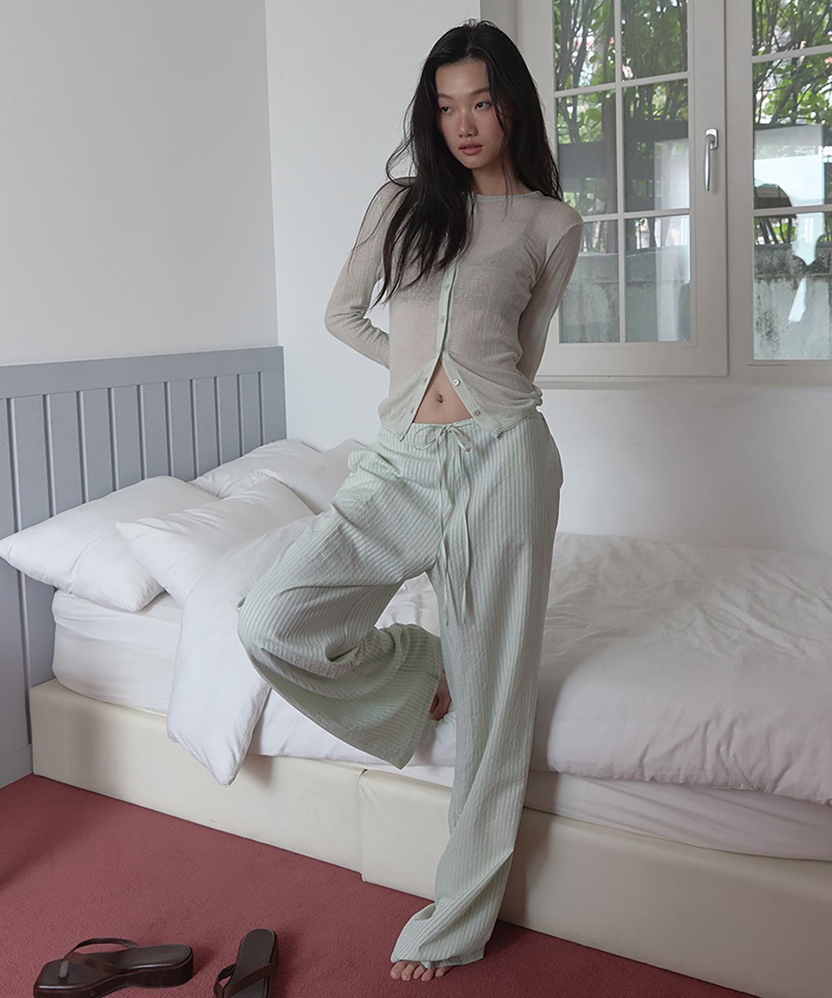 론크(LONQUE) STRIPED WIDE LEG ONE MILE PANTS (APPLE MINT)