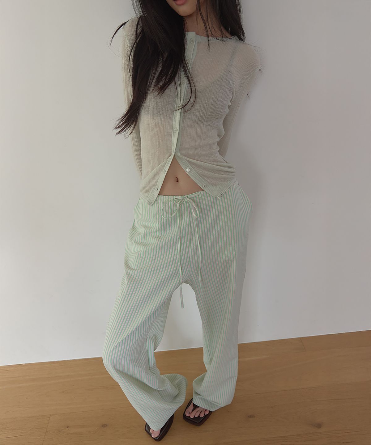 론크(LONQUE) STRIPED WIDE LEG ONE MILE PANTS (APPLE MINT)