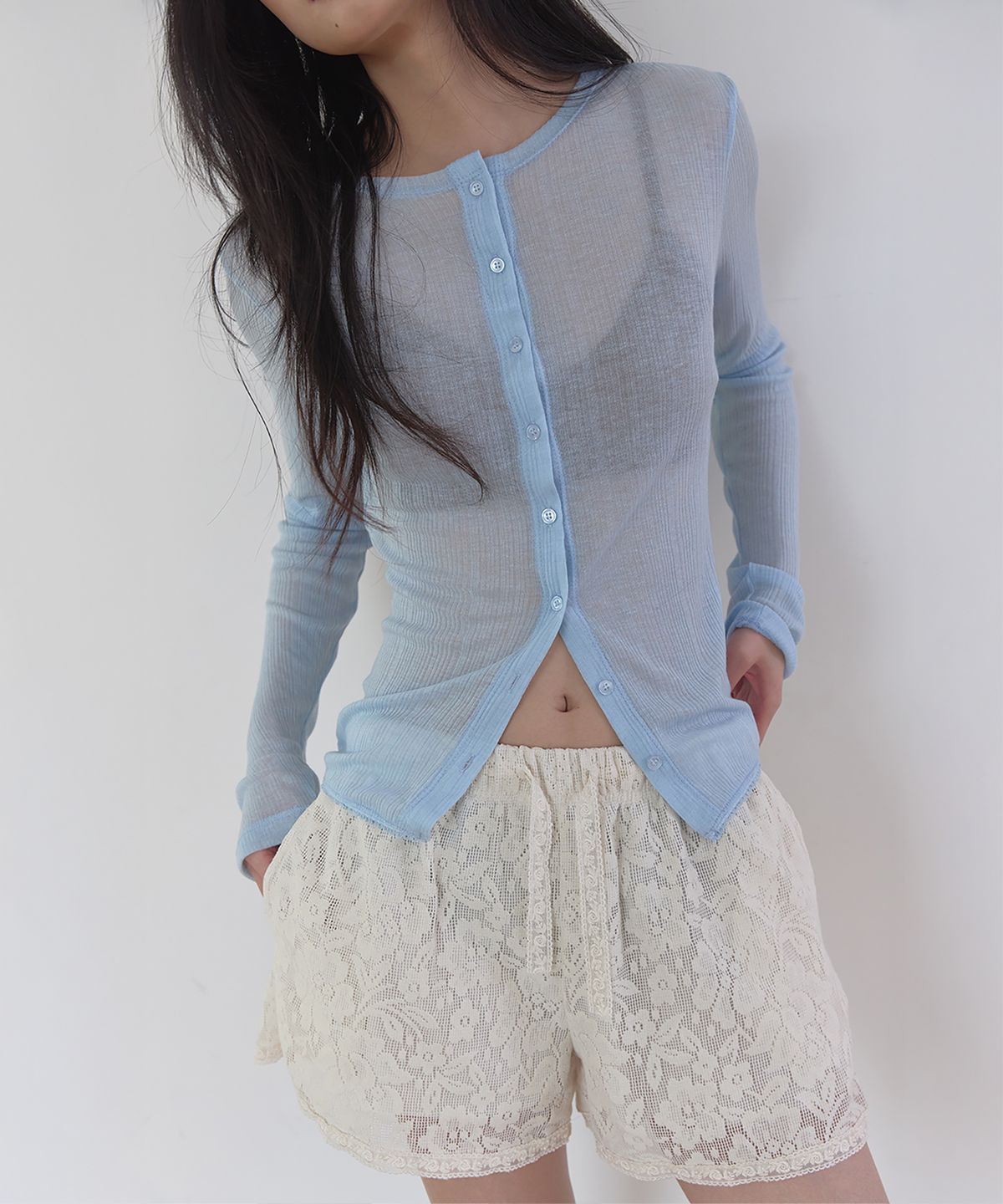 론크(LONQUE) SUMMER LACE TRIMMING RIB CARDIGAN (LIGHT BLUE)