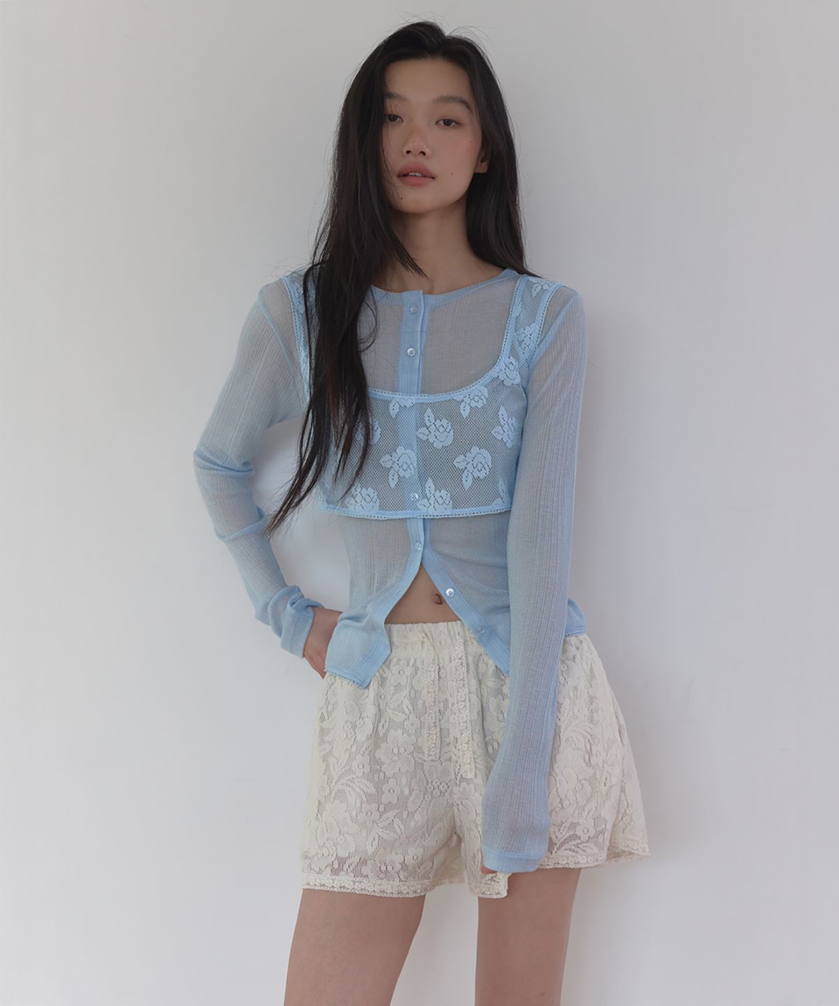 론크(LONQUE) SUMMER LACE TRIMMING RIB CARDIGAN (LIGHT BLUE)