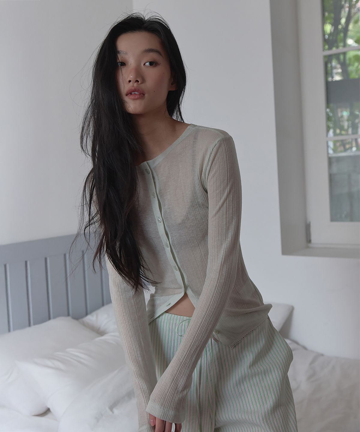론크(LONQUE) SUMMER LACE TRIMMING RIB CARDIGAN (MINT)