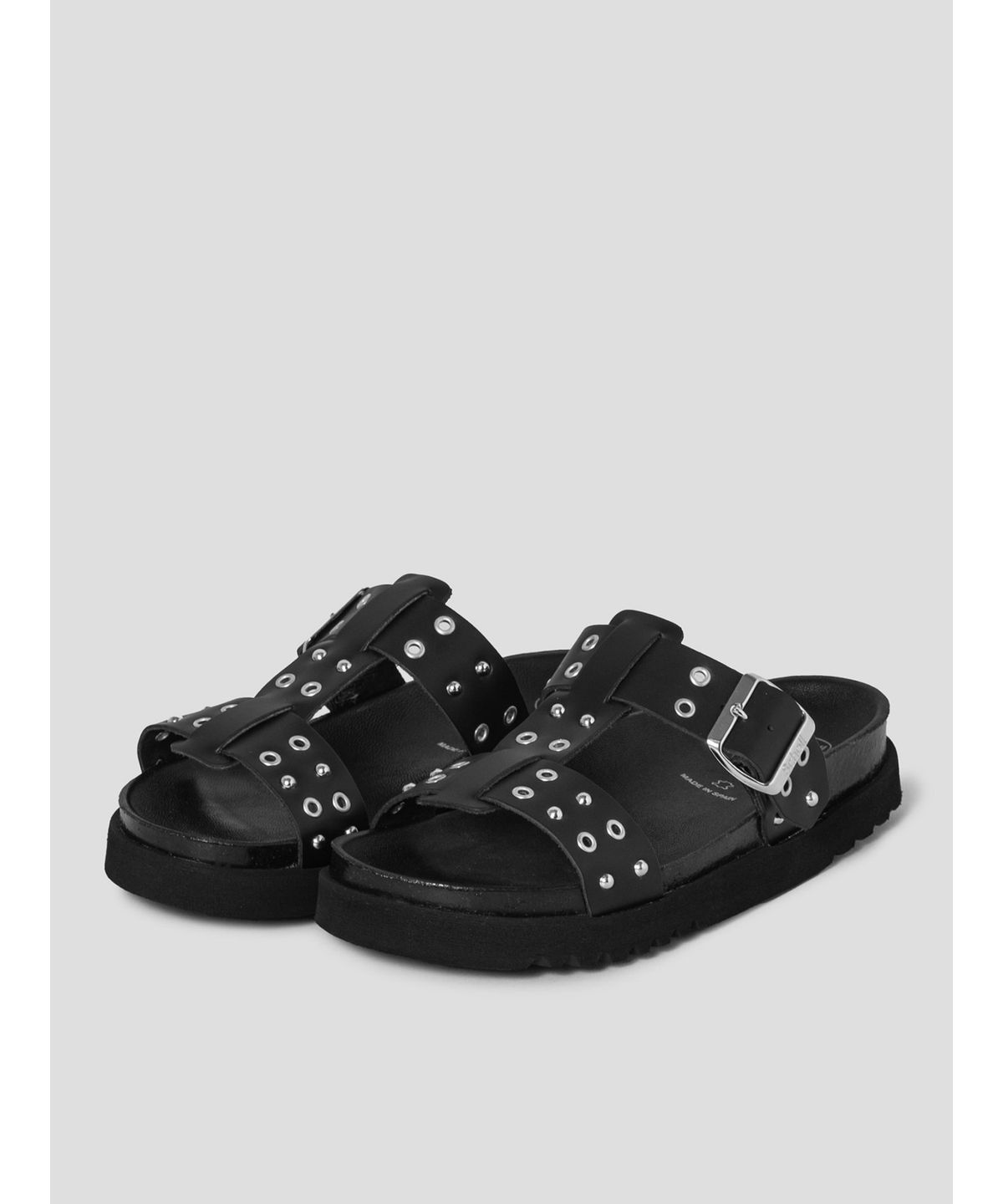 숄(SCHOLL) (WOMEN) 스터드 T스트랩 코르크 샌들  블랙 (HH64K2C645)