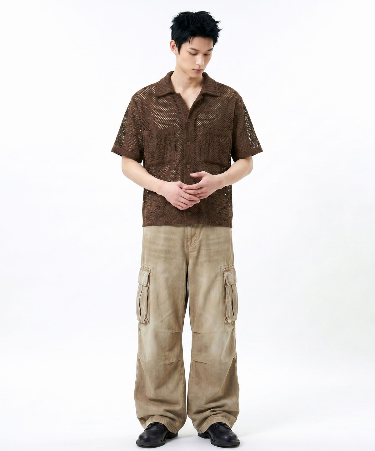 언더오프(UNDEROFF) 투포켓 크롭 메쉬 반팔 셔츠 브라운