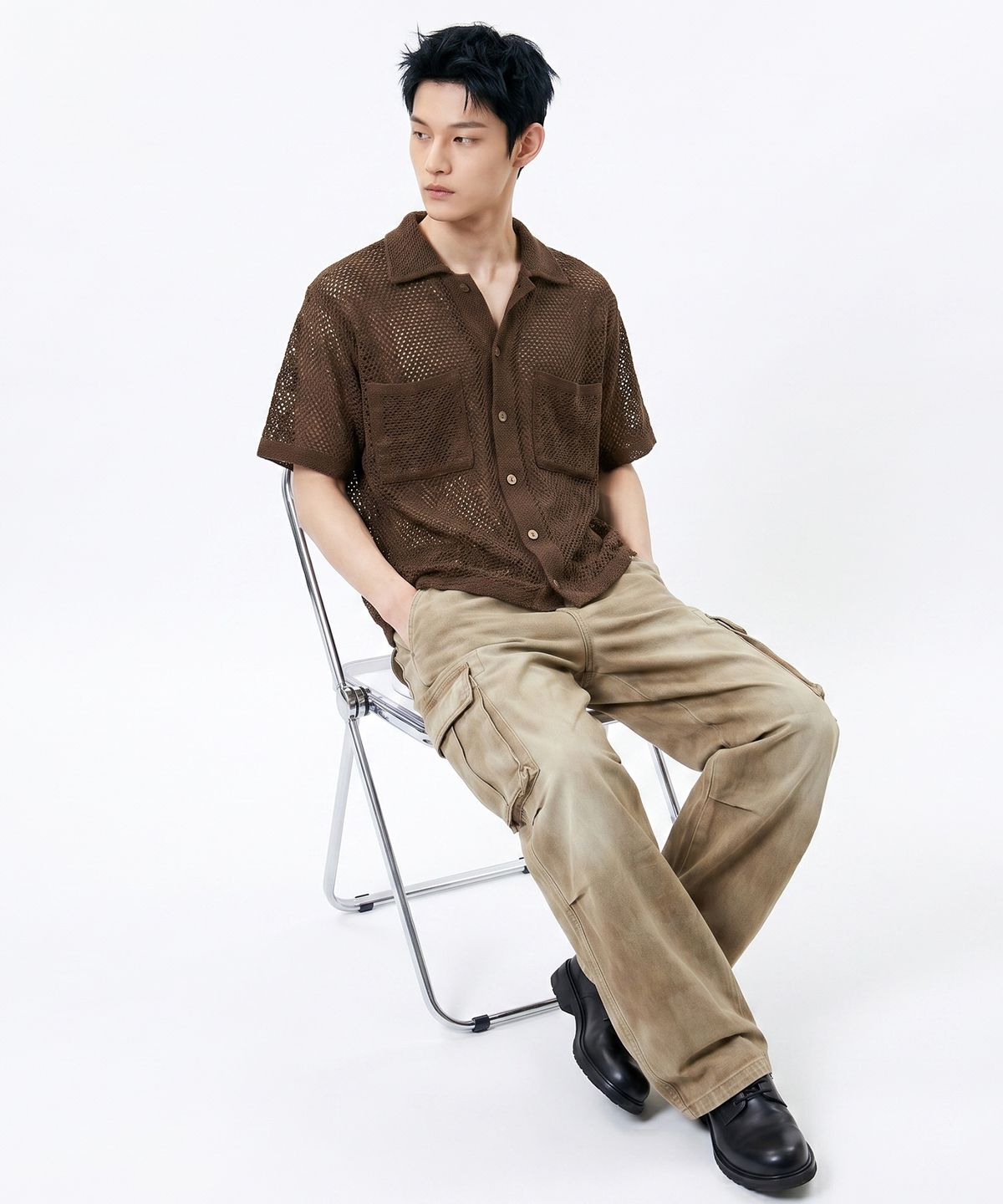 언더오프(UNDEROFF) 투포켓 크롭 메쉬 반팔 셔츠 브라운