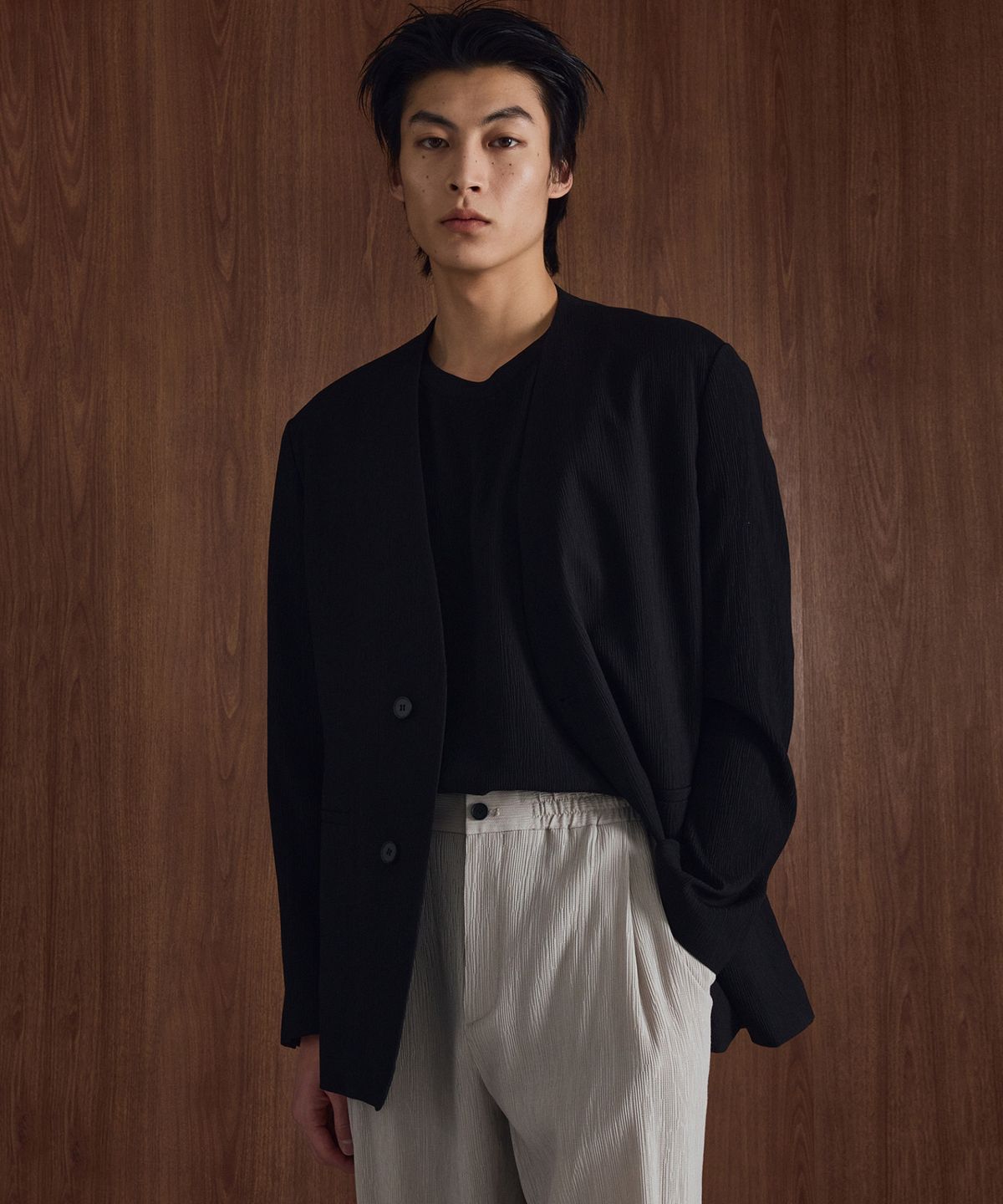 티엔지티(TNGT) [SET] Kinoshita Collarless Jacket & Semi-Wide Pants (Black) 0TJA6E206BK