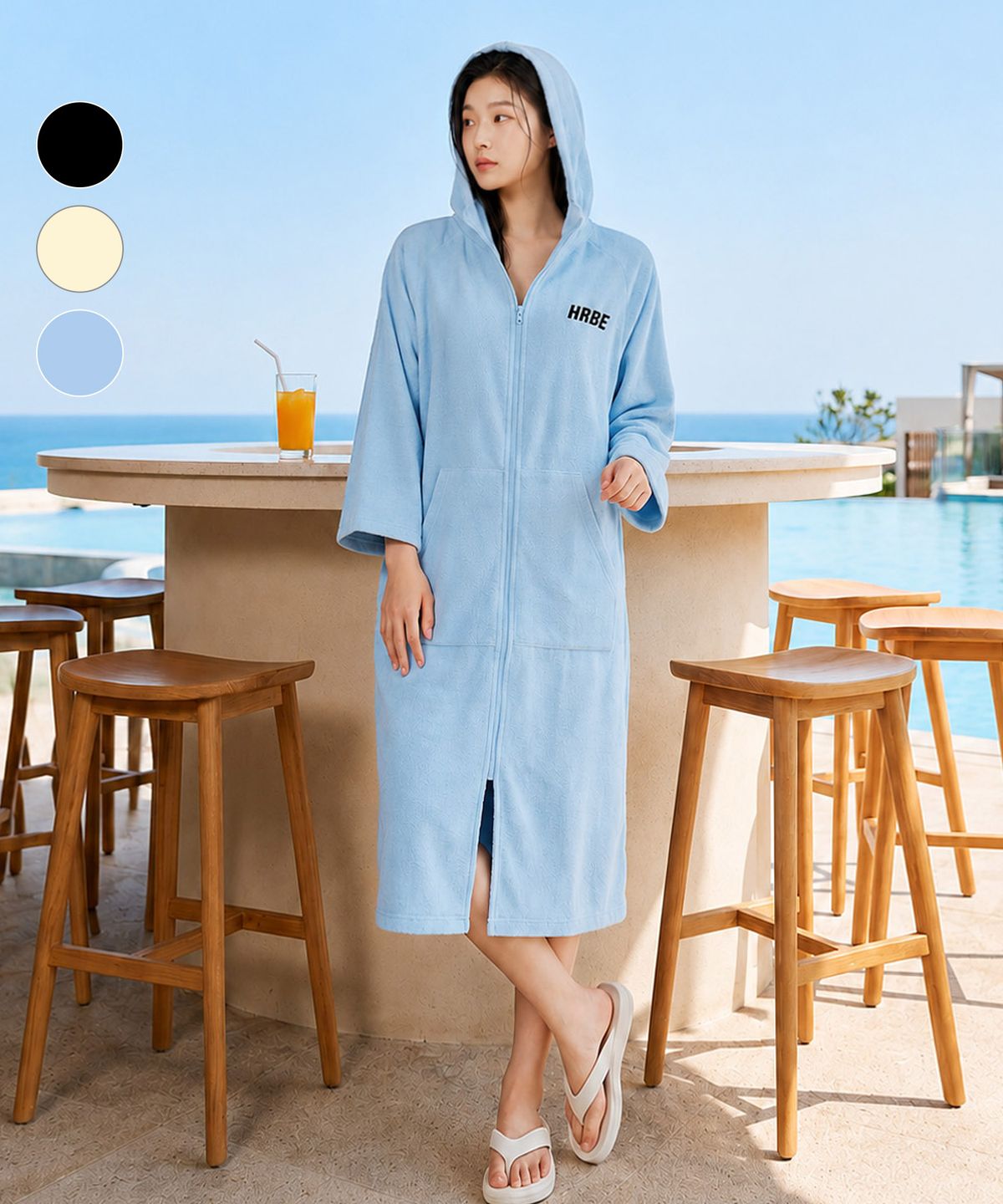 헤링본(HERRINGBONE) 후드 집업 오버핏 판초 타월 비치 커버업 (3color) / TJ510