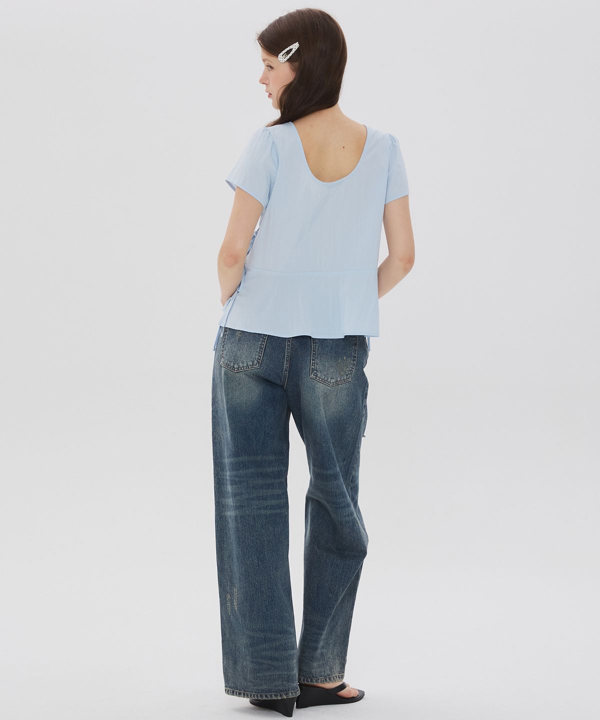 뉴루키(NEW LOOKY) Ribbon blouse_Light blue