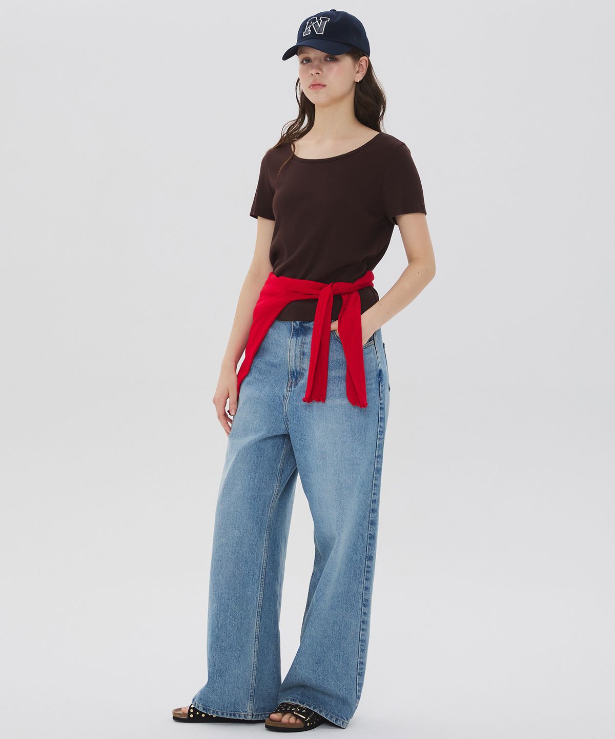 뉴루키(NEW LOOKY) U-Neck Ribbon t-Shirt_Brown