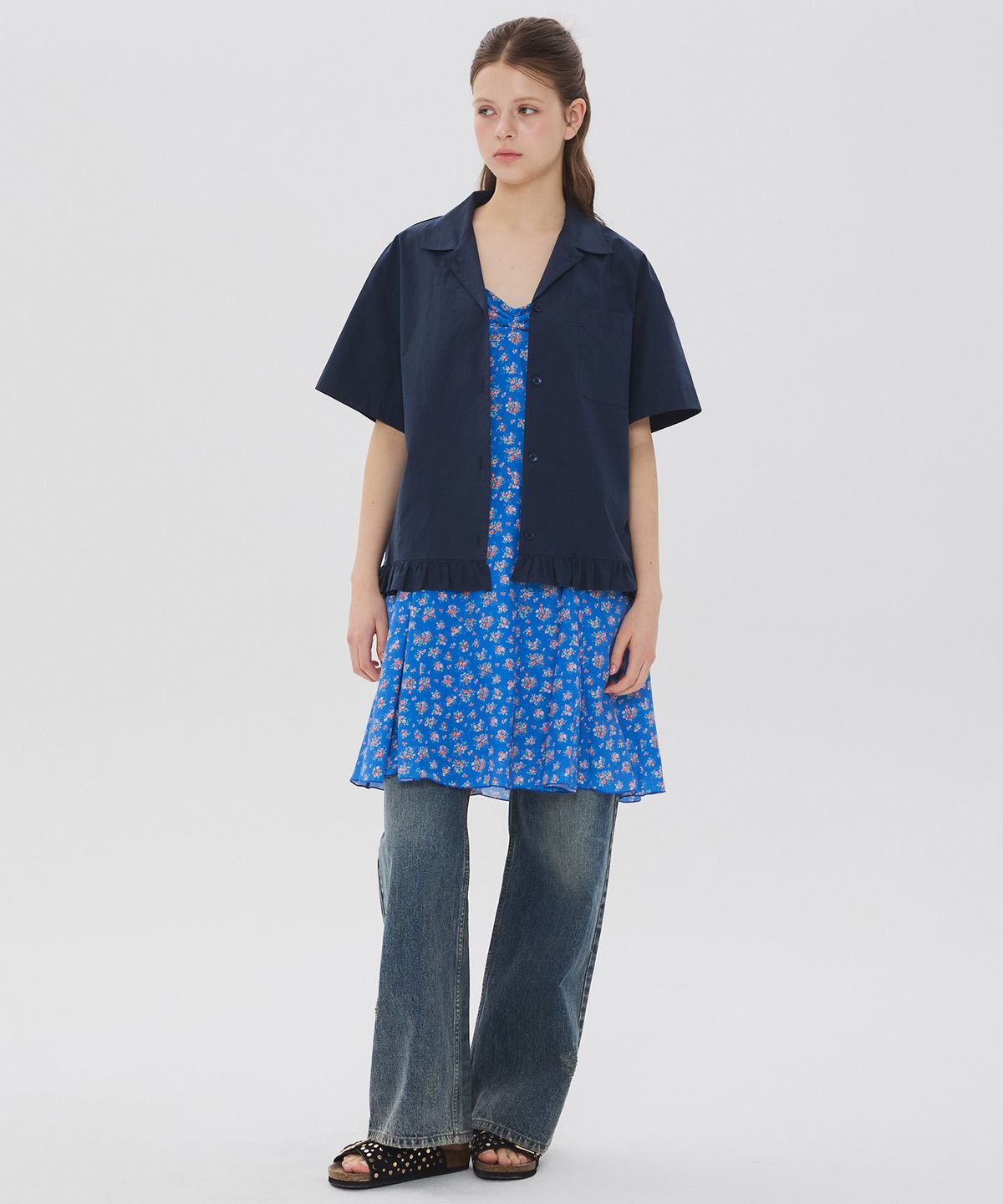 뉴루키(NEW LOOKY) Frill short-sleeved shirt_Navy