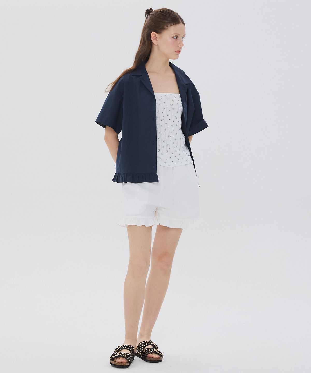 뉴루키(NEW LOOKY) Frill short-sleeved shirt_Navy