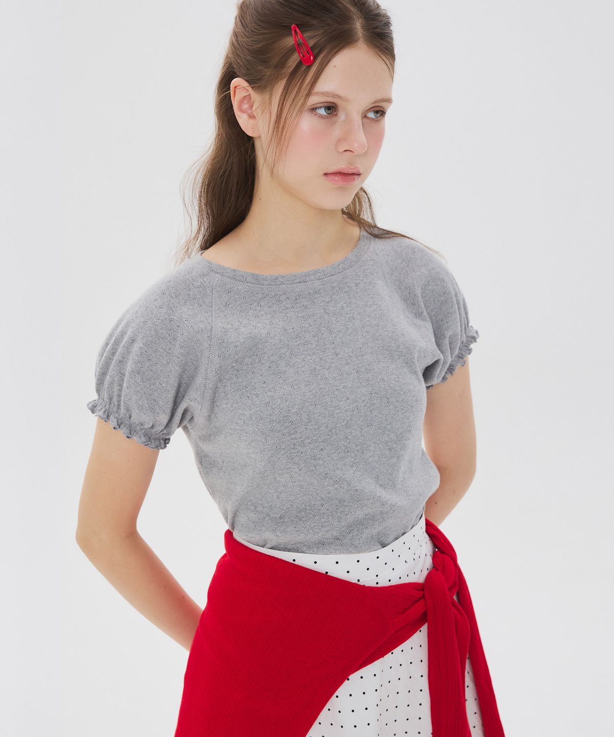 뉴루키(NEW LOOKY) Balloon sleeve t-shirt_Melange grey