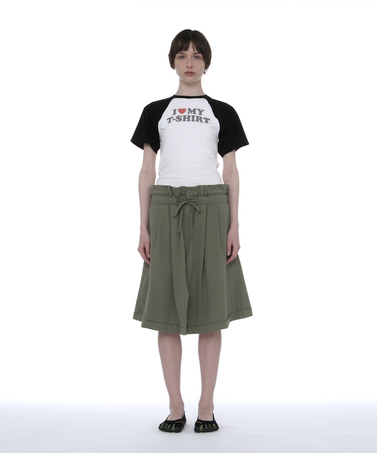 파르티멘토 우먼(PARTIMENTO WOMEN) 폴드오버 웨이스트 미디 스커트_카키 그린