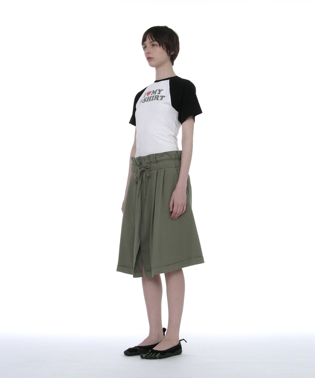 파르티멘토 우먼(PARTIMENTO WOMEN) 폴드오버 웨이스트 미디 스커트_카키 그린