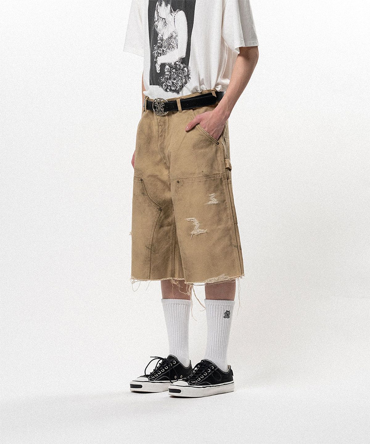 카미야(KAMIYA) BORO Duck Painter Bermuda Pants - BEIGE