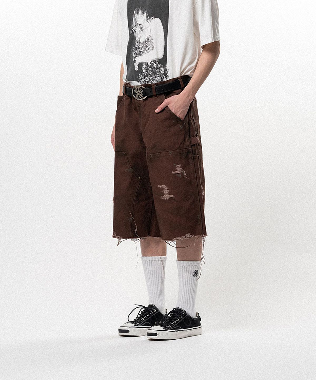 카미야(KAMIYA) BORO Duck Painter Bermuda Pants - BROWN