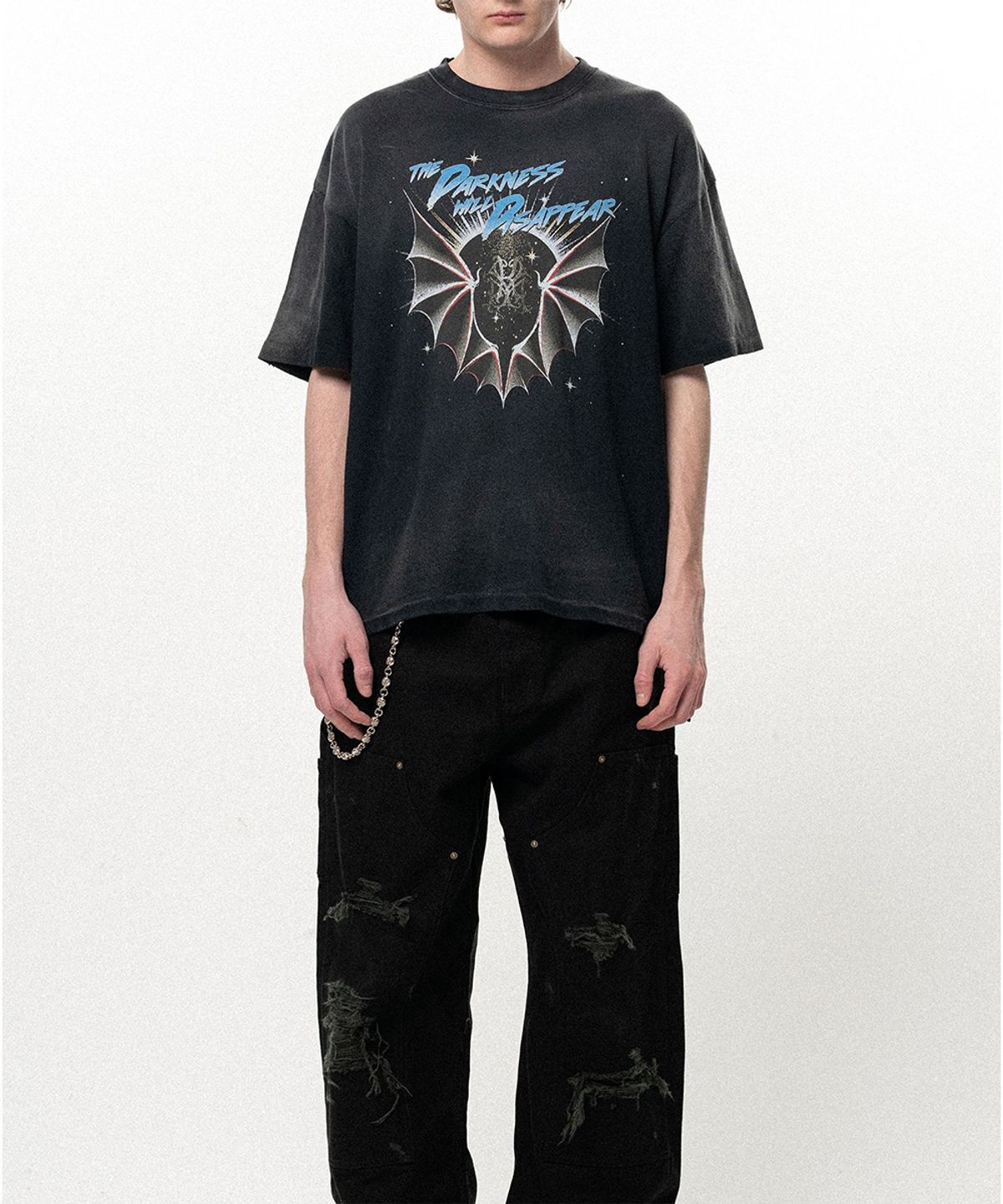 카미야(KAMIYA) THE DARKNESS WILL DISAPPEAR Distressed T-shirt - BLACK