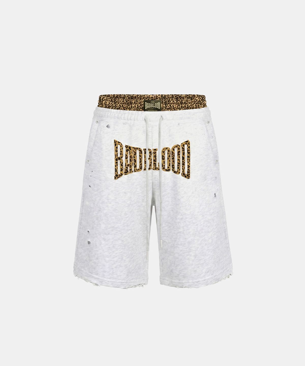 배드블러드(BADBLOOD) 커브드 로고 복서 레이어드 스웨트 버뮤다 쇼츠 - 레오파드 멜란지