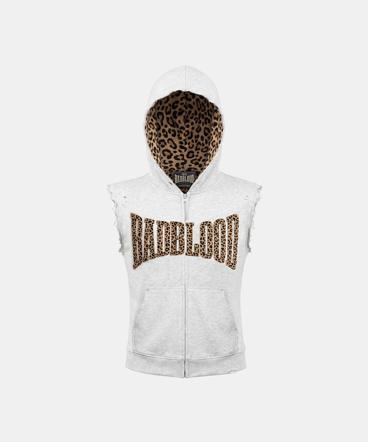 배드블러드(BADBLOOD) 커브드 로고 슬리브리스 후드 집업 - 레오파드 멜란지