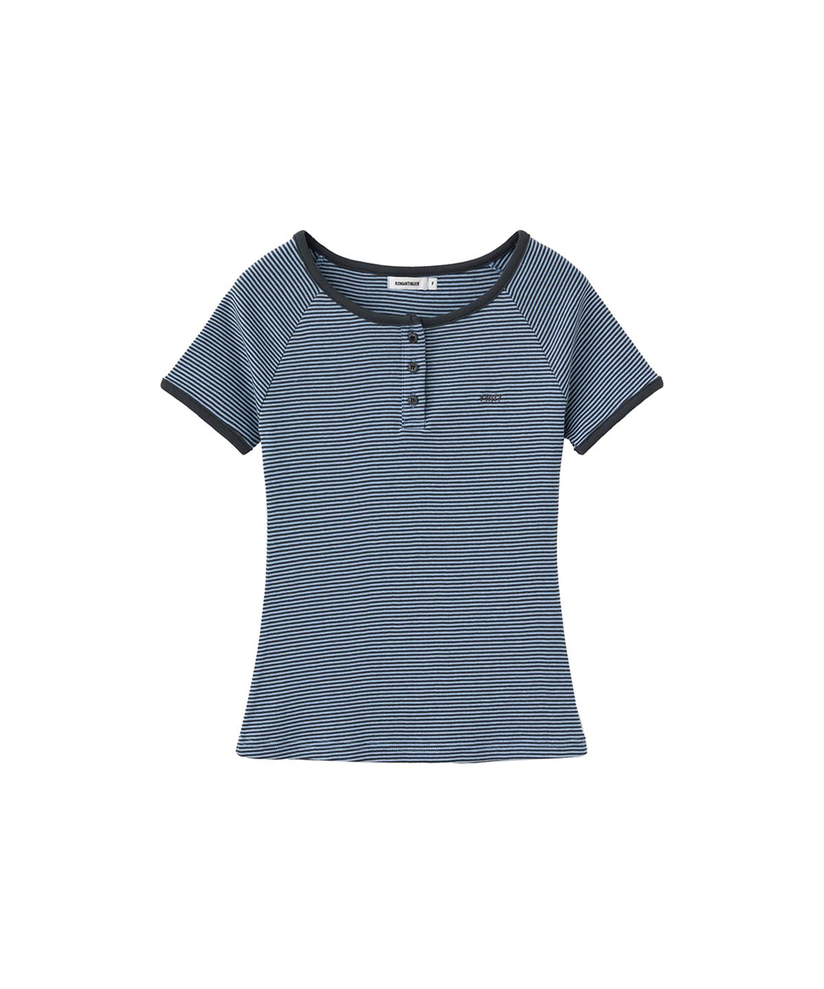 로맨티누어(ROMANTINUER) Stripe Henley Neck Short Sleeve T-shirt (Blue)