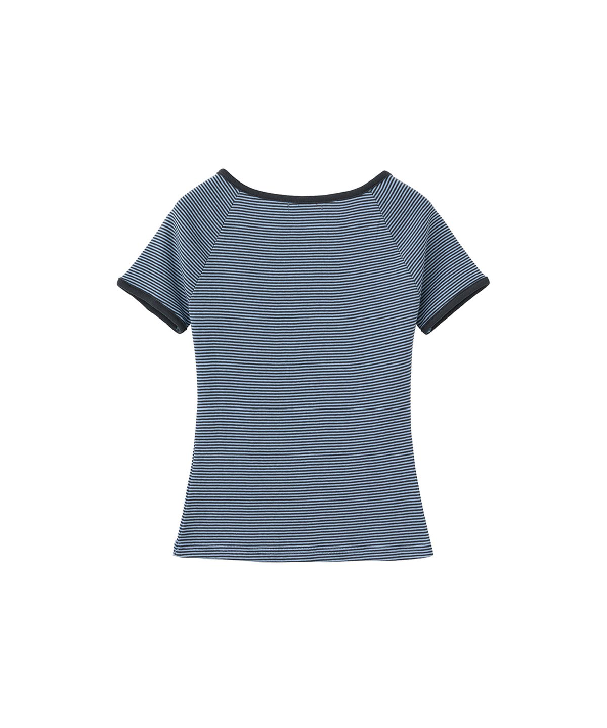 로맨티누어(ROMANTINUER) Stripe Henley Neck Short Sleeve T-shirt (Blue)