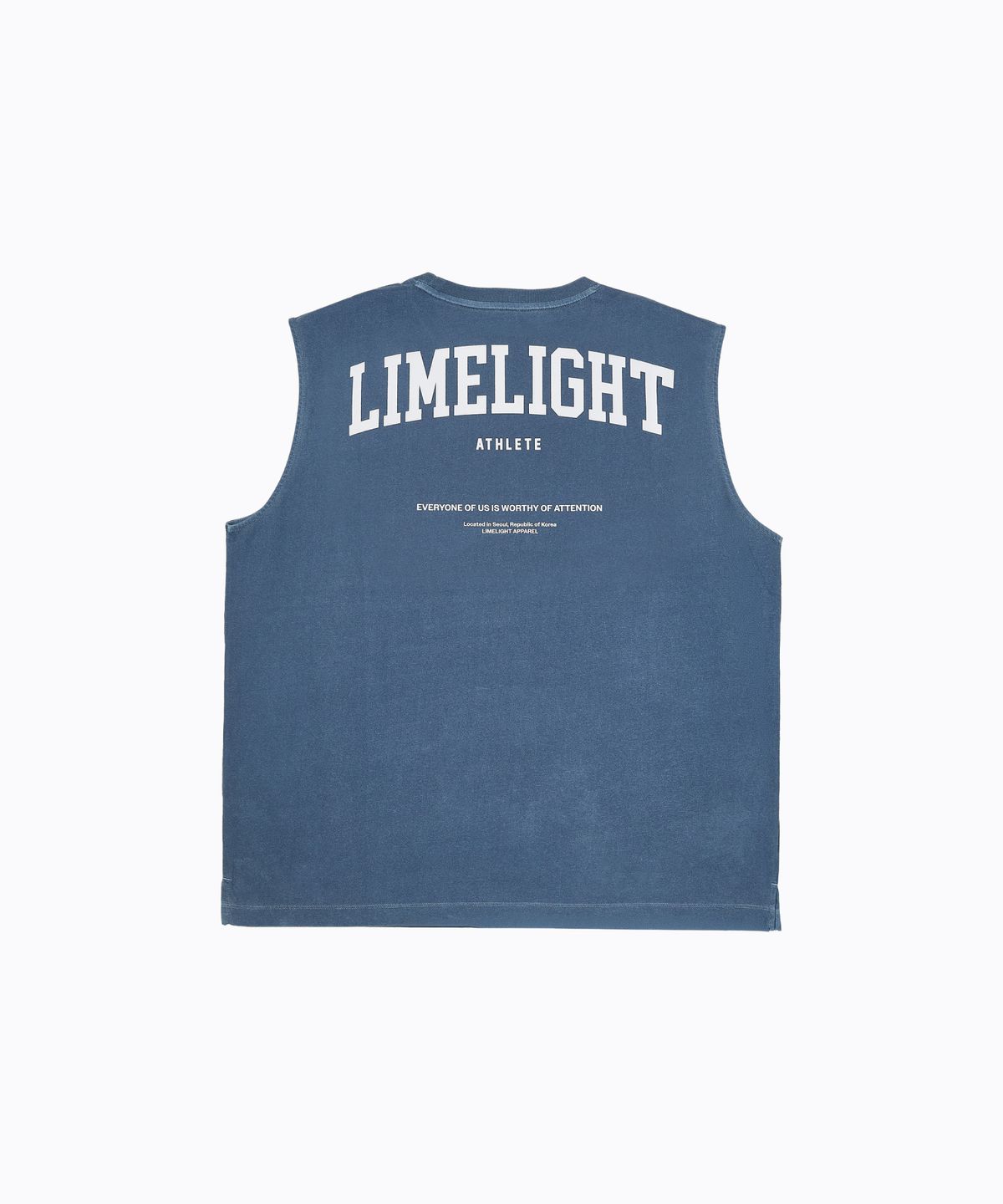라임라잇 어패럴(LIMELIGHT APPAREL) 애슬릿 백 로고 쿨링 오버사이즈 슬리브리스 (블루/화이트)