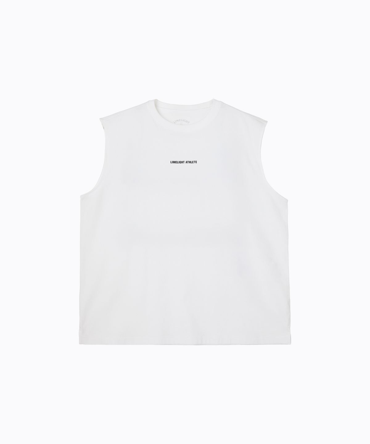 라임라잇 어패럴(LIMELIGHT APPAREL) 애슬릿 디서플린 백 로고 쿨링 오버사이즈 슬리브리스 (화이트/블랙)