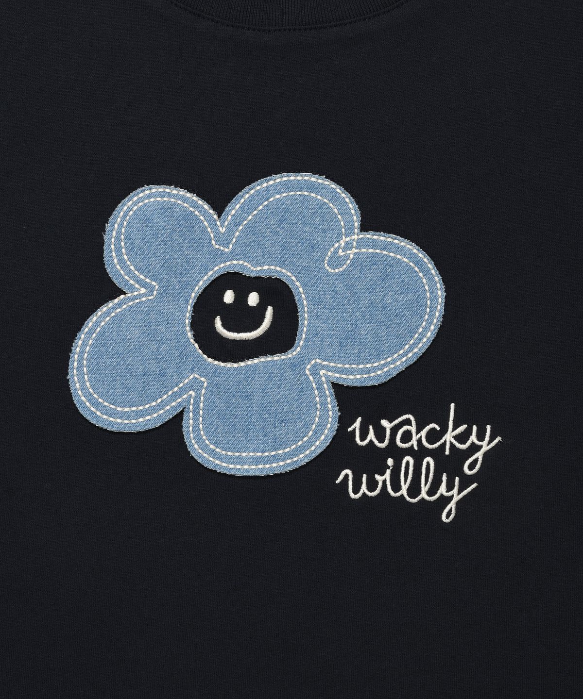 와키윌리(WACKY WILLY) 우먼스 릴리 아플리케 세미크롭 반팔티셔츠 블루