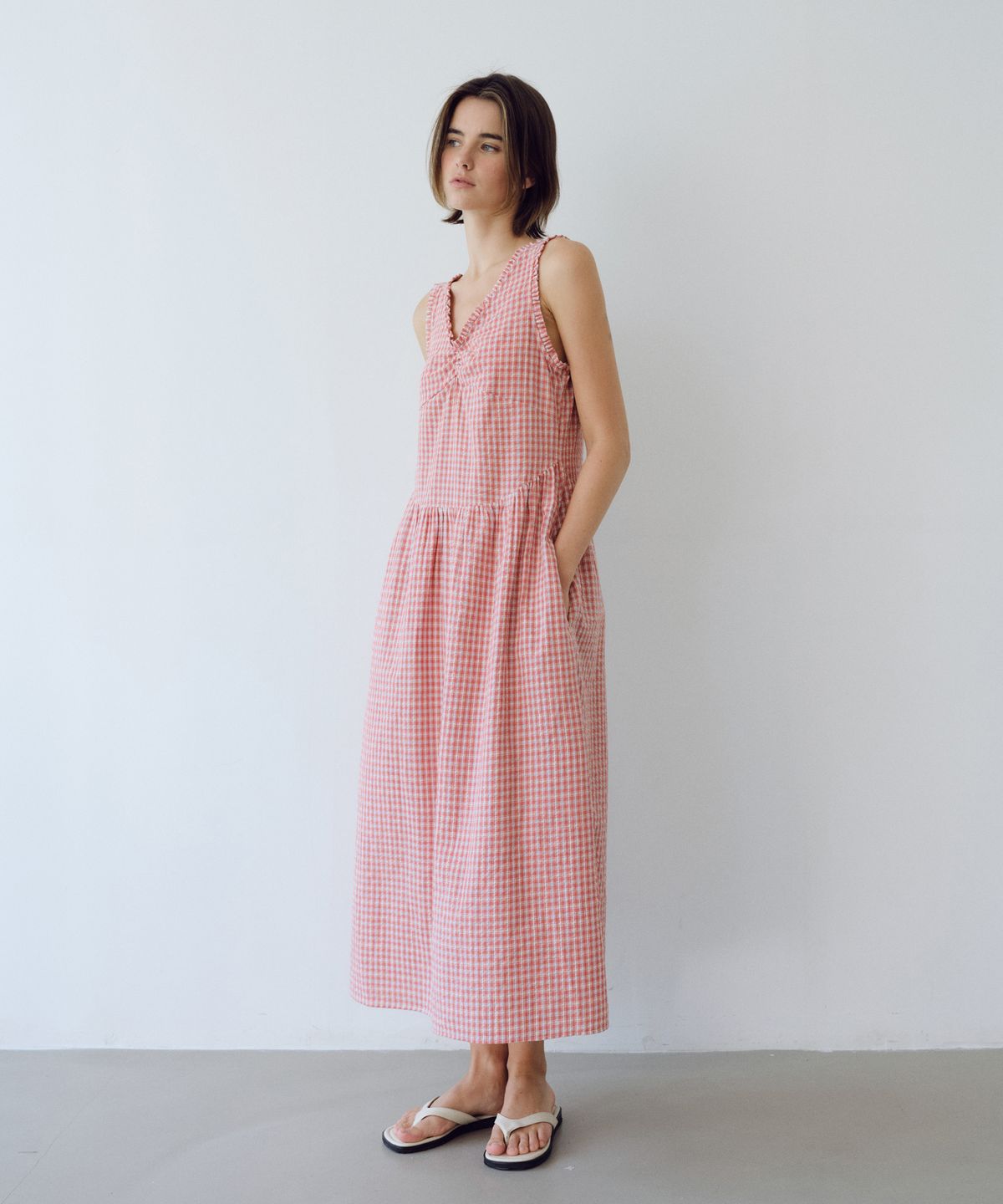유라고(URAGO) Check V shirring dress