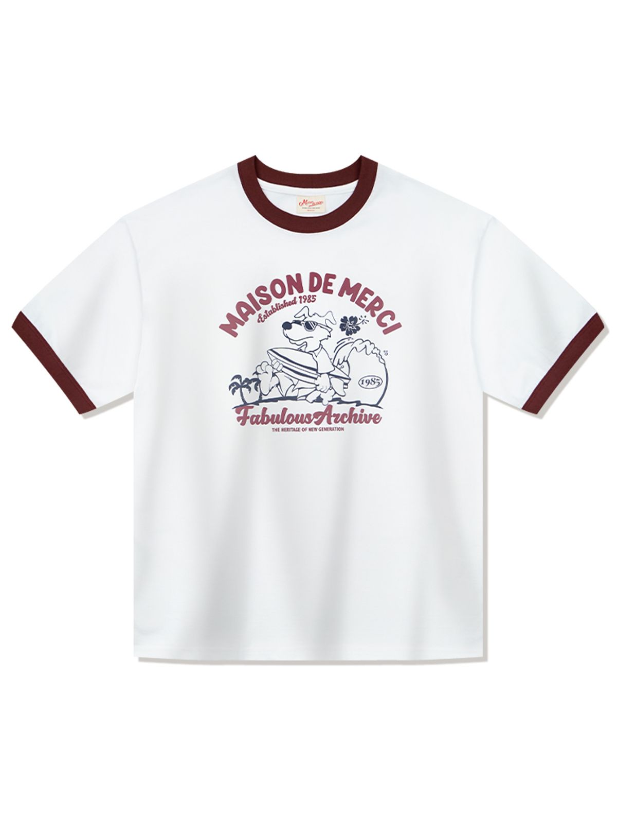 라 메종 스튜디오(LA MAISON STUDIO) UNISEX 오버핏 퍼피서핑 링거 반소매 티셔츠 화이트다크레드(FCE2TS401M)