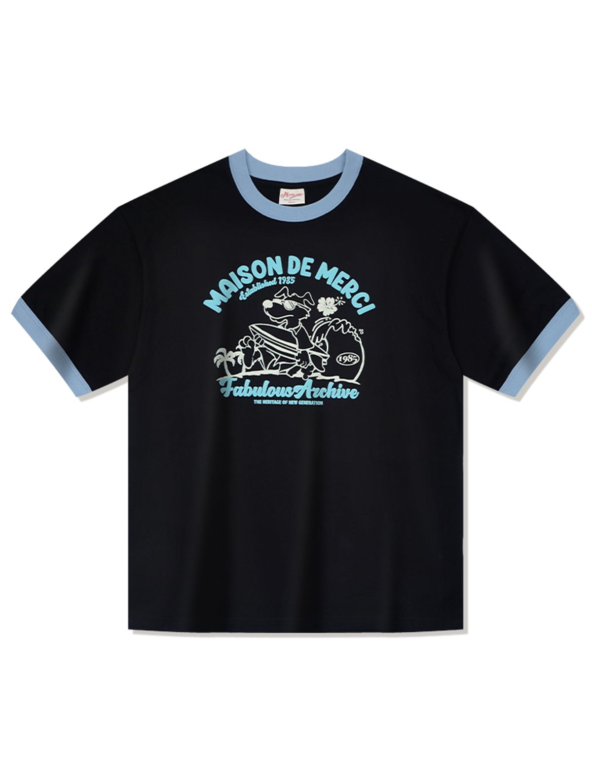 라 메종 스튜디오(LA MAISON STUDIO) UNISEX 오버핏 퍼피서핑 링거 반소매 티셔츠 블랙블루(FCE2TS401M)