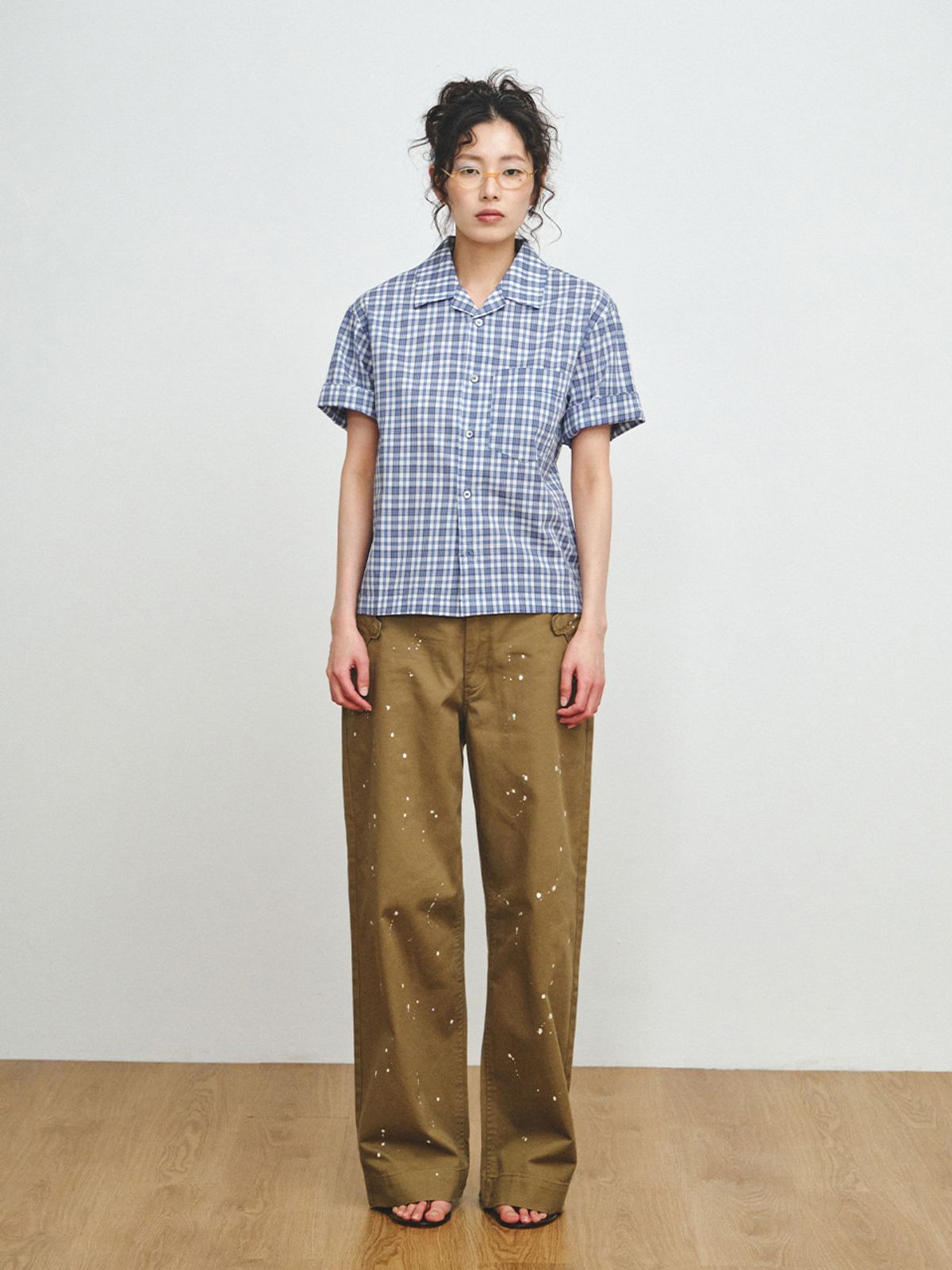 플리즈프로젝트(PLZPROJECT) CHECK CINCH-BACK HALF SHIRT, BLUE