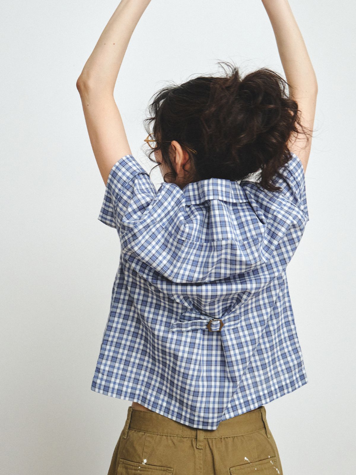 플리즈프로젝트(PLZPROJECT) CHECK CINCH-BACK HALF SHIRT, BLUE