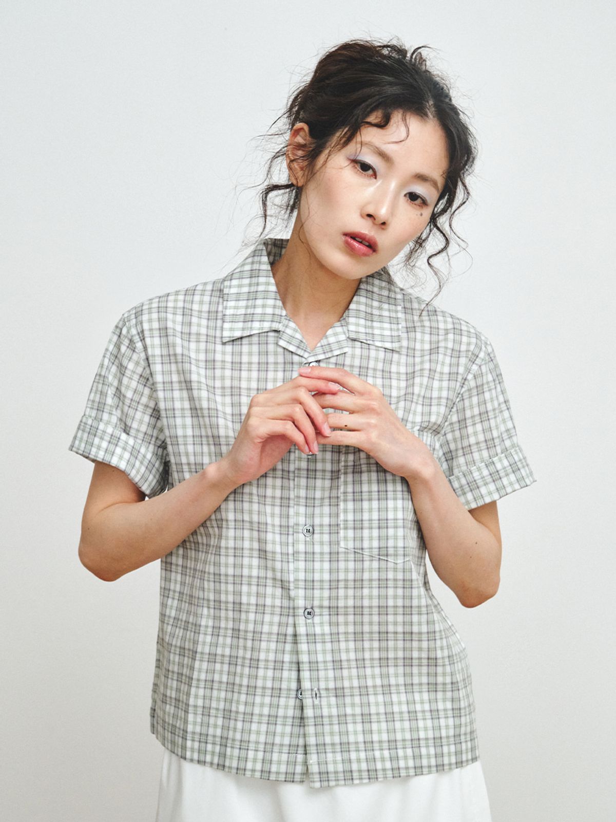 플리즈프로젝트(PLZPROJECT) CHECK CINCH-BACK HALF SHIRT, GREEN