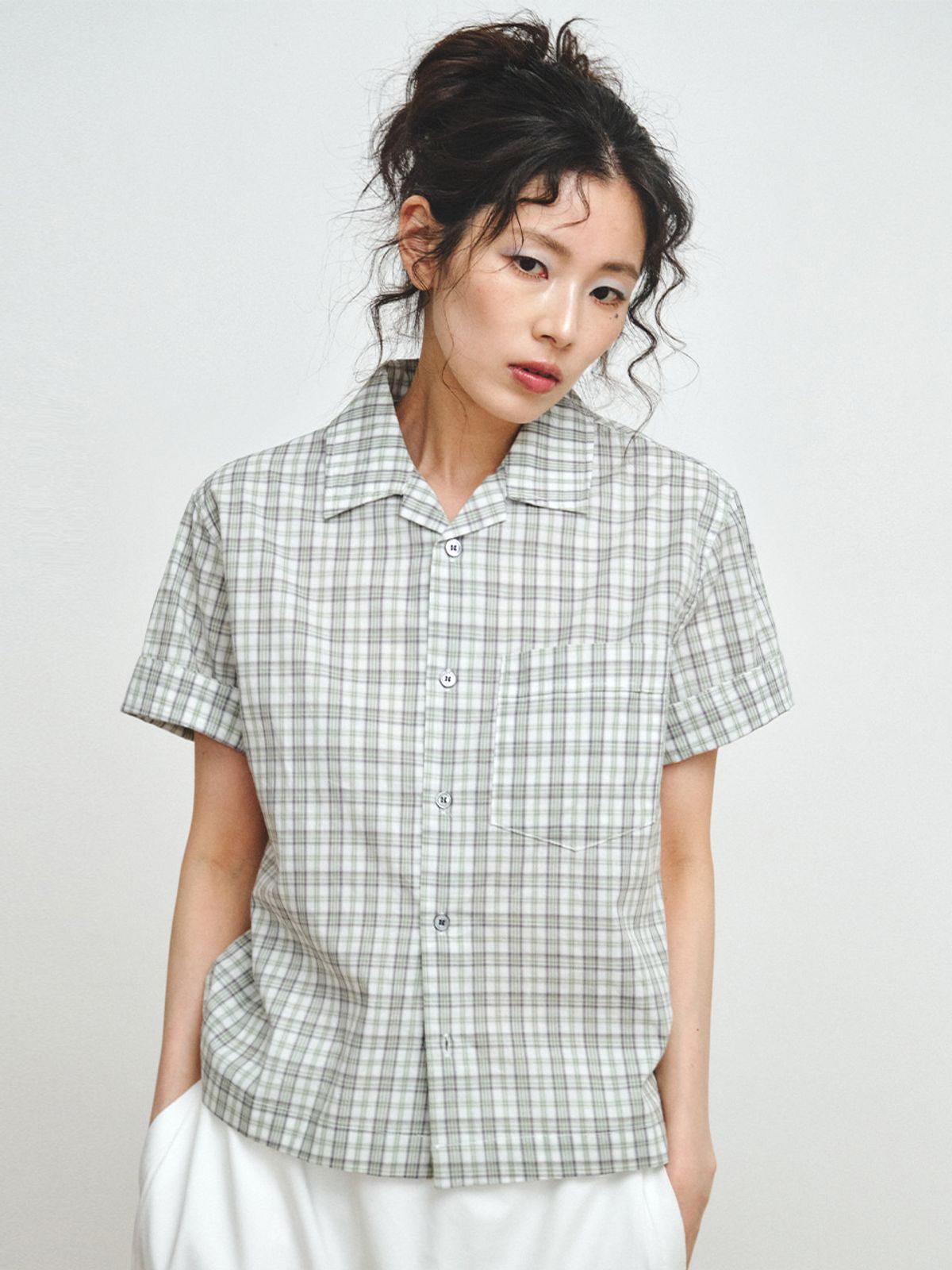 플리즈프로젝트(PLZPROJECT) CHECK CINCH-BACK HALF SHIRT, GREEN