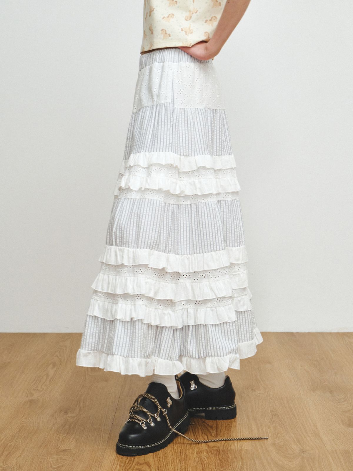 플리즈프로젝트(PLZPROJECT) EYELET FRILL SKIRT, WHITE