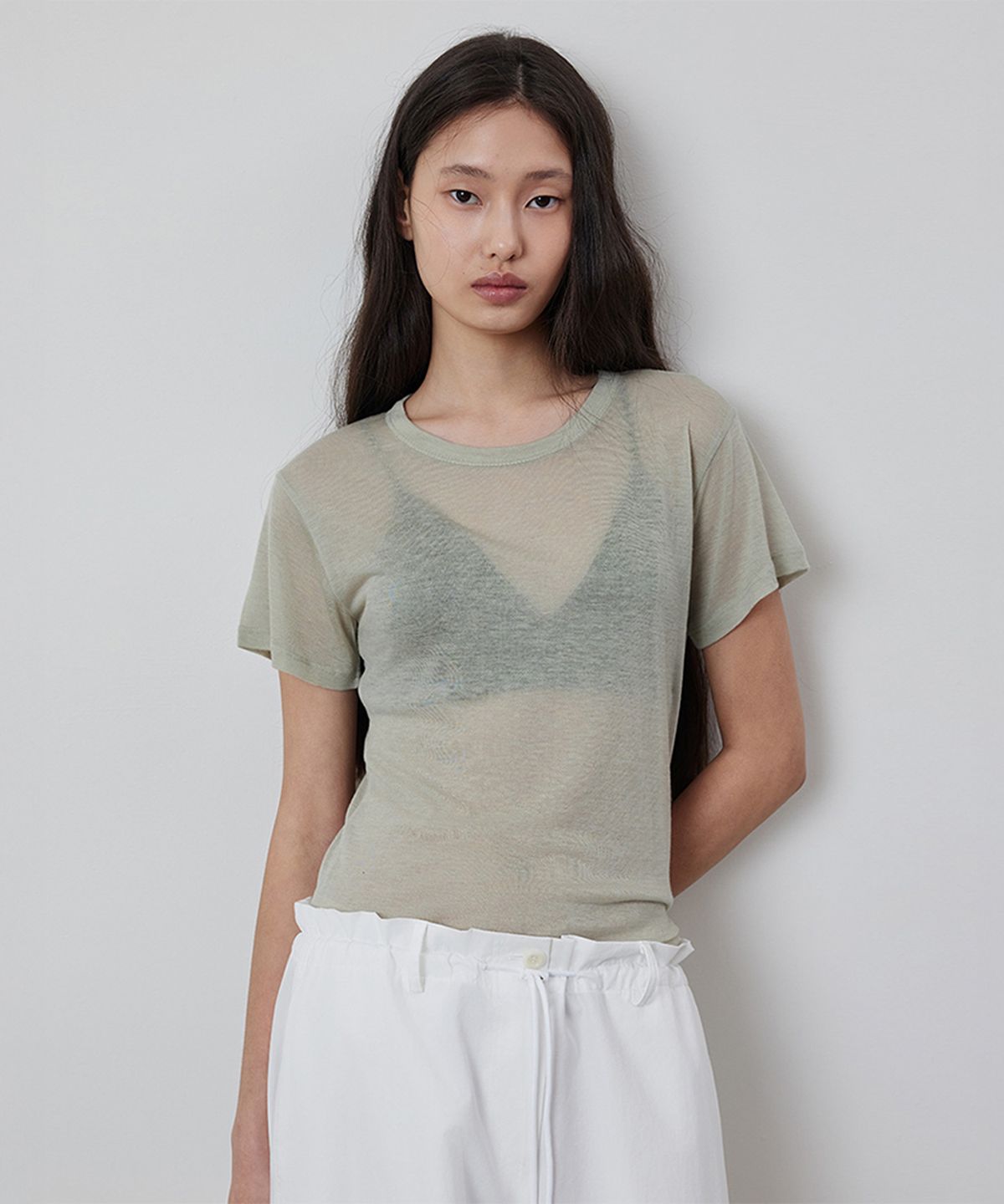 퀸스래빗(Q'SRB) Tencel See-through Round Short Sleeve T-shirt