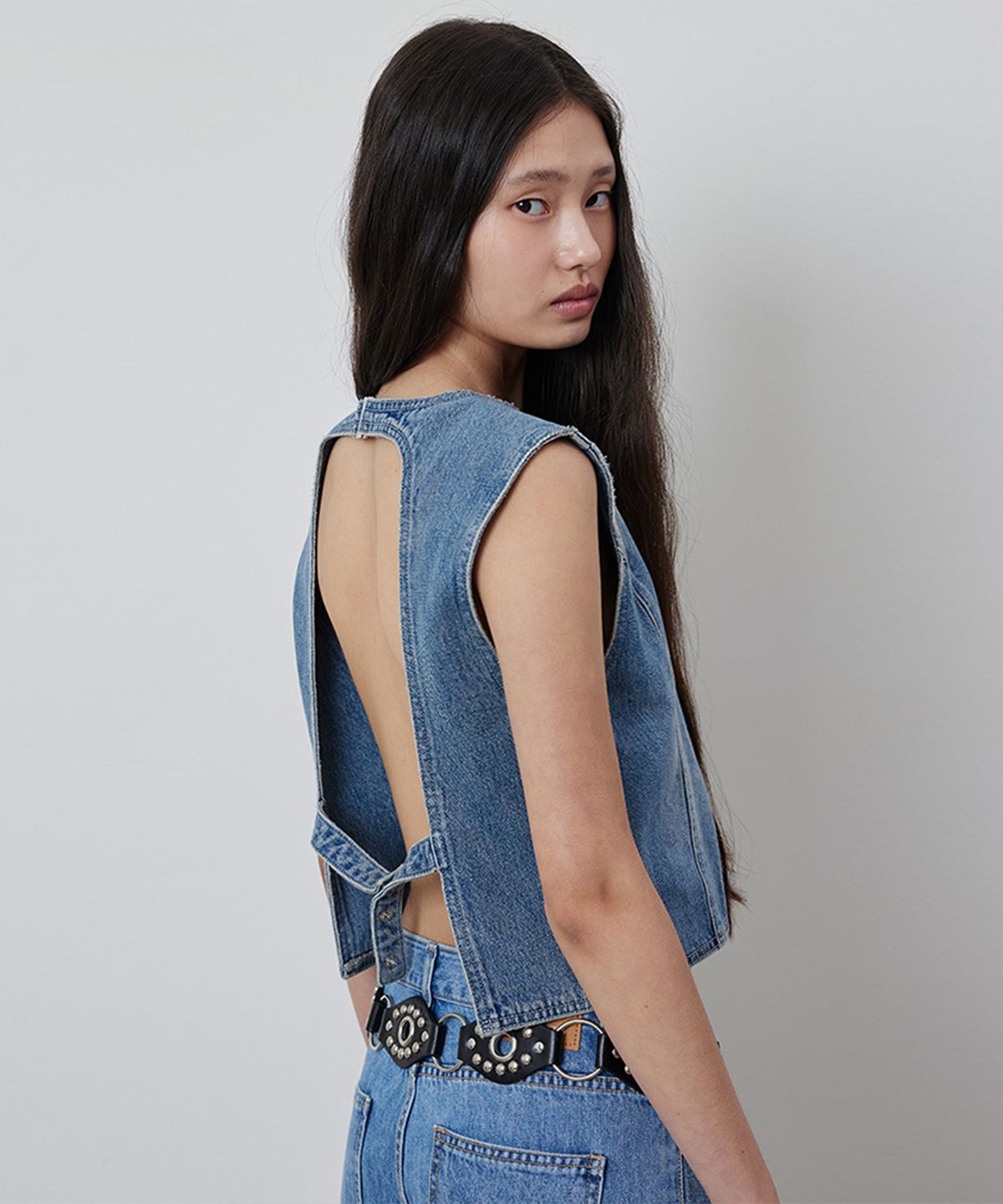 퀸스래빗(Q'SRB) Backless Snap Button Denim Vest_BLUE