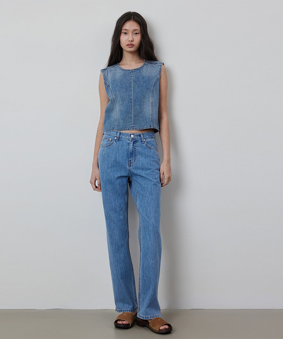 퀸스래빗(Q'SRB) Backless Snap Button Denim Vest_BLUE
