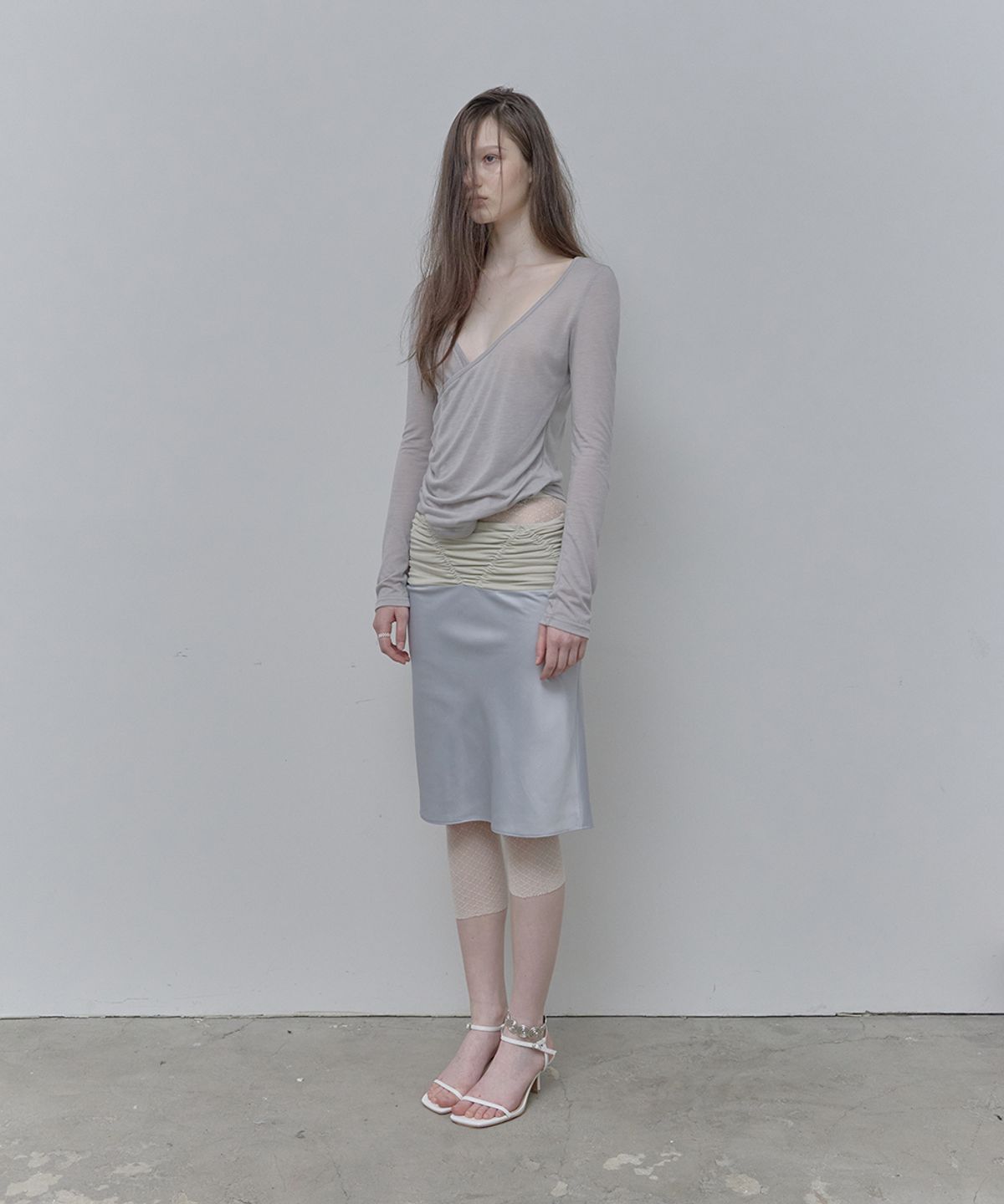 필세(PHILCE) Shirring Satin Midi Skirt, Sky Blue