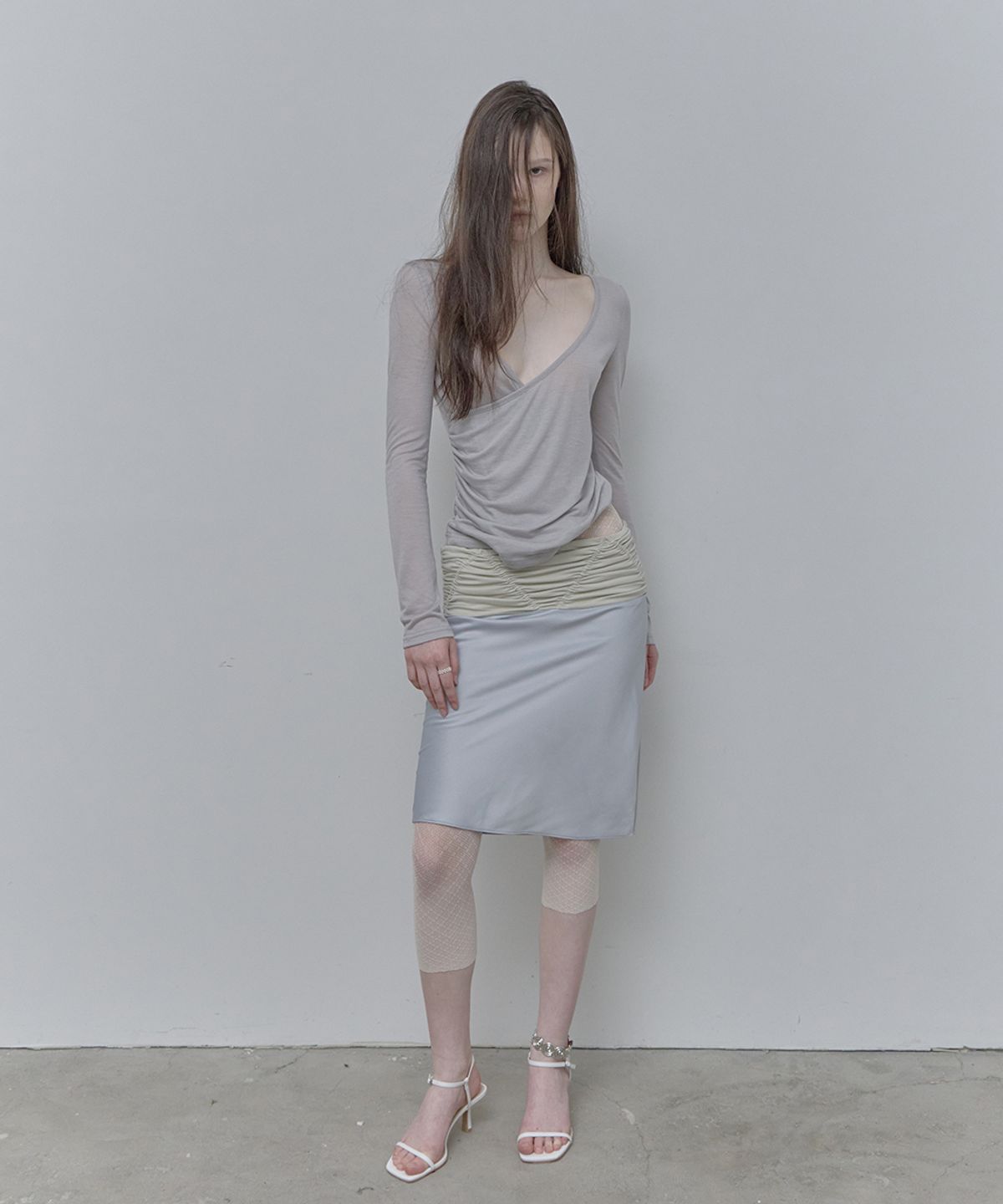 필세(PHILCE) Shirring Satin Midi Skirt, Sky Blue
