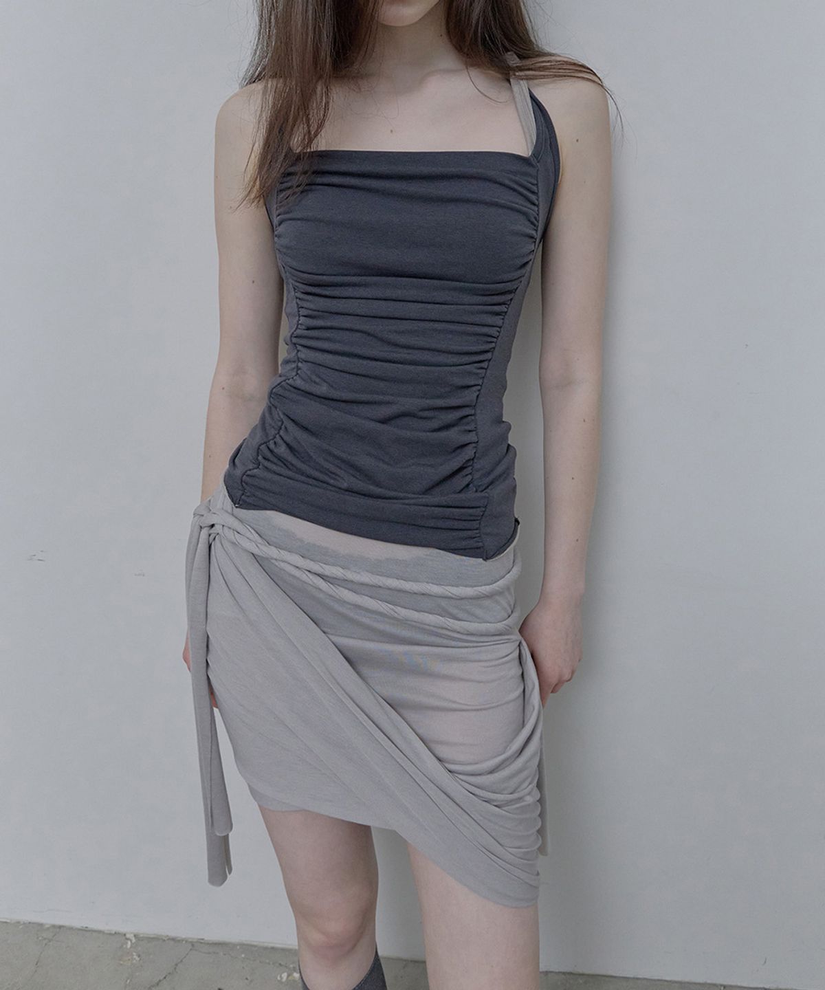 필세(PHILCE) See-Through Tied Shirring Midi skirt, Gray