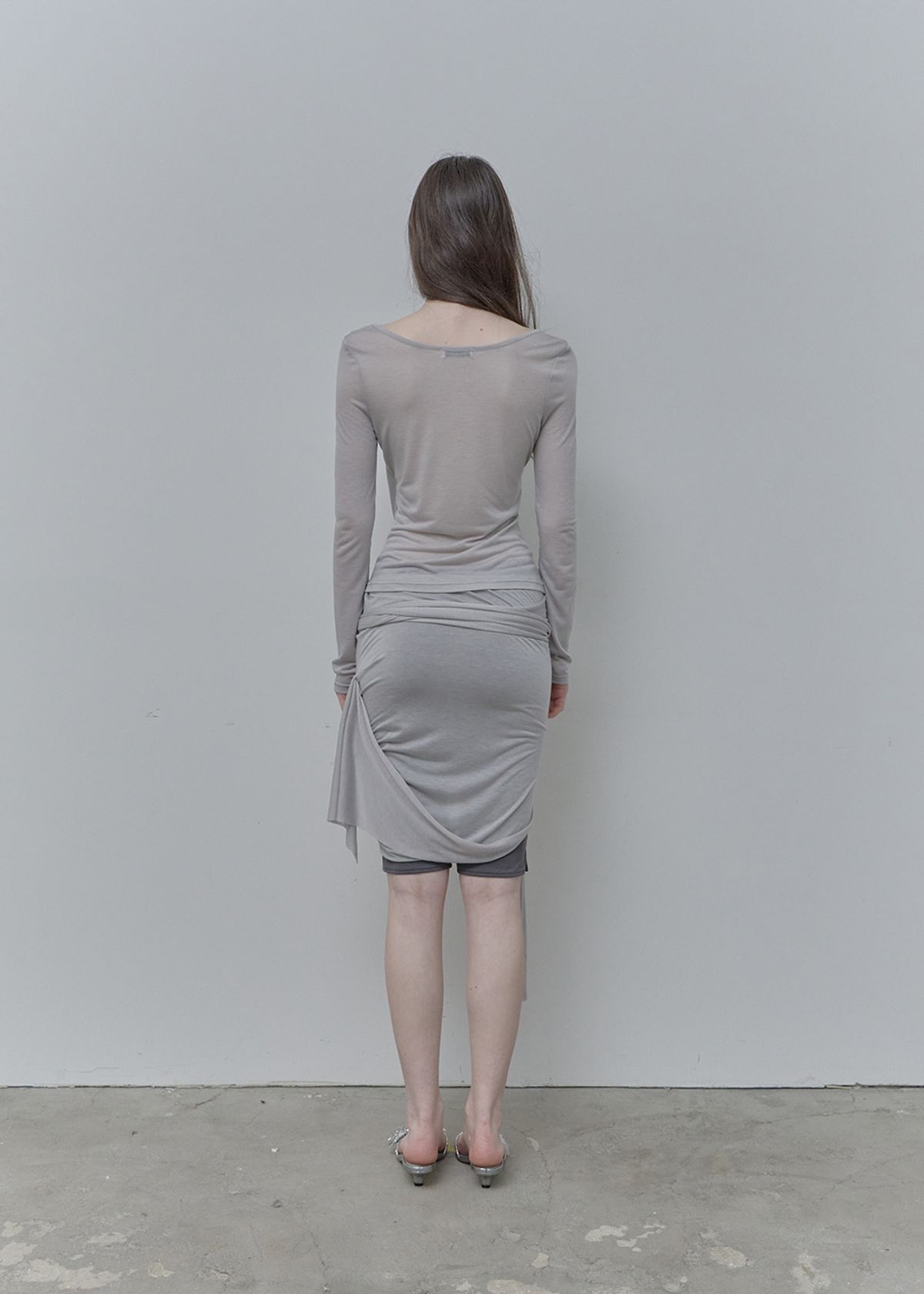 필세(PHILCE) See-Through Tied Shirring Midi skirt, Gray