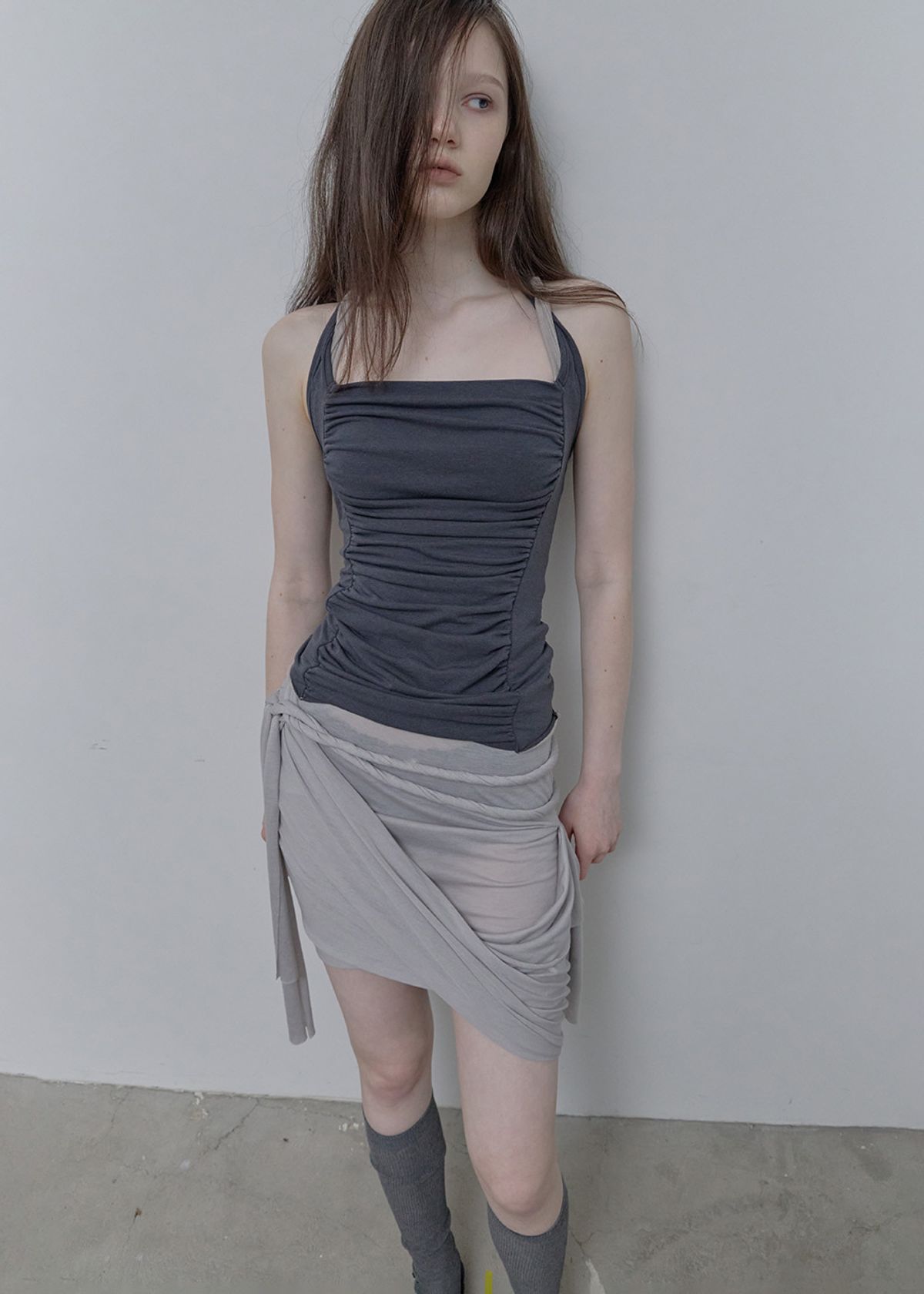 필세(PHILCE) See-Through Tied Shirring Midi skirt, Gray
