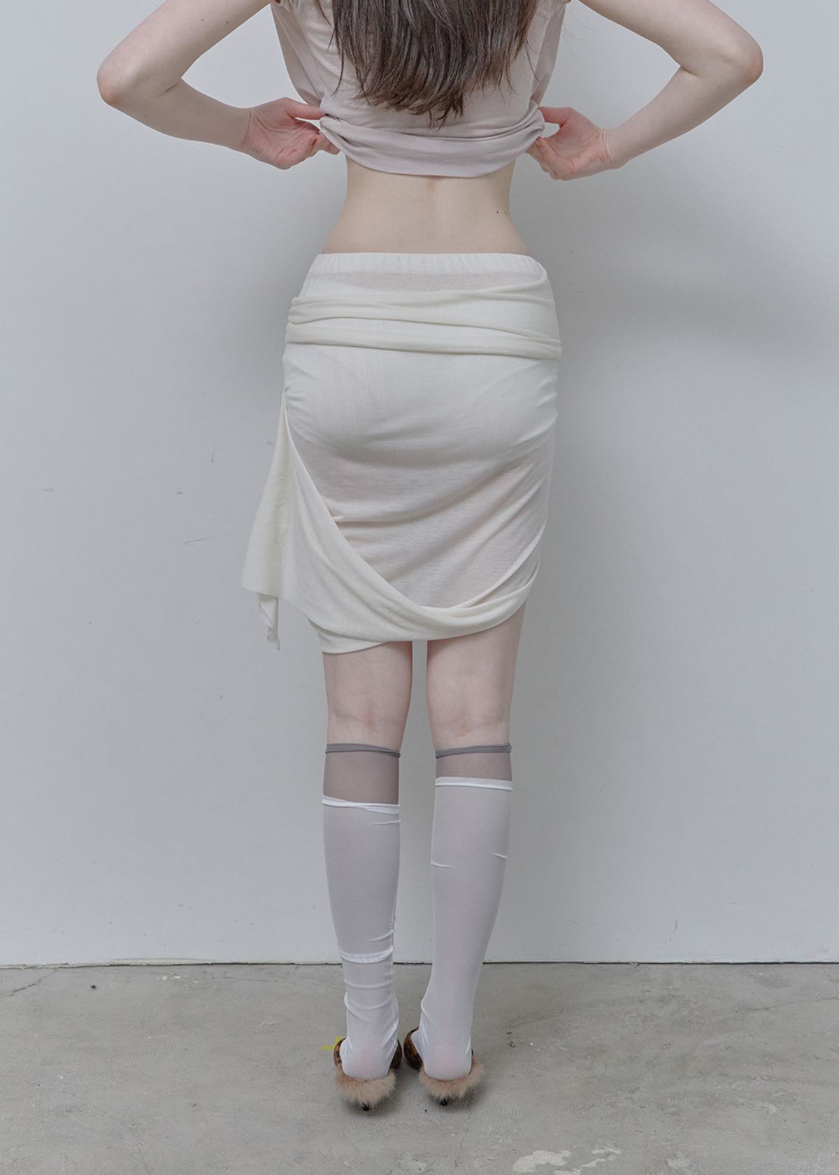 필세(PHILCE) See-Through Tied Shirring Midi skirt, Ivory