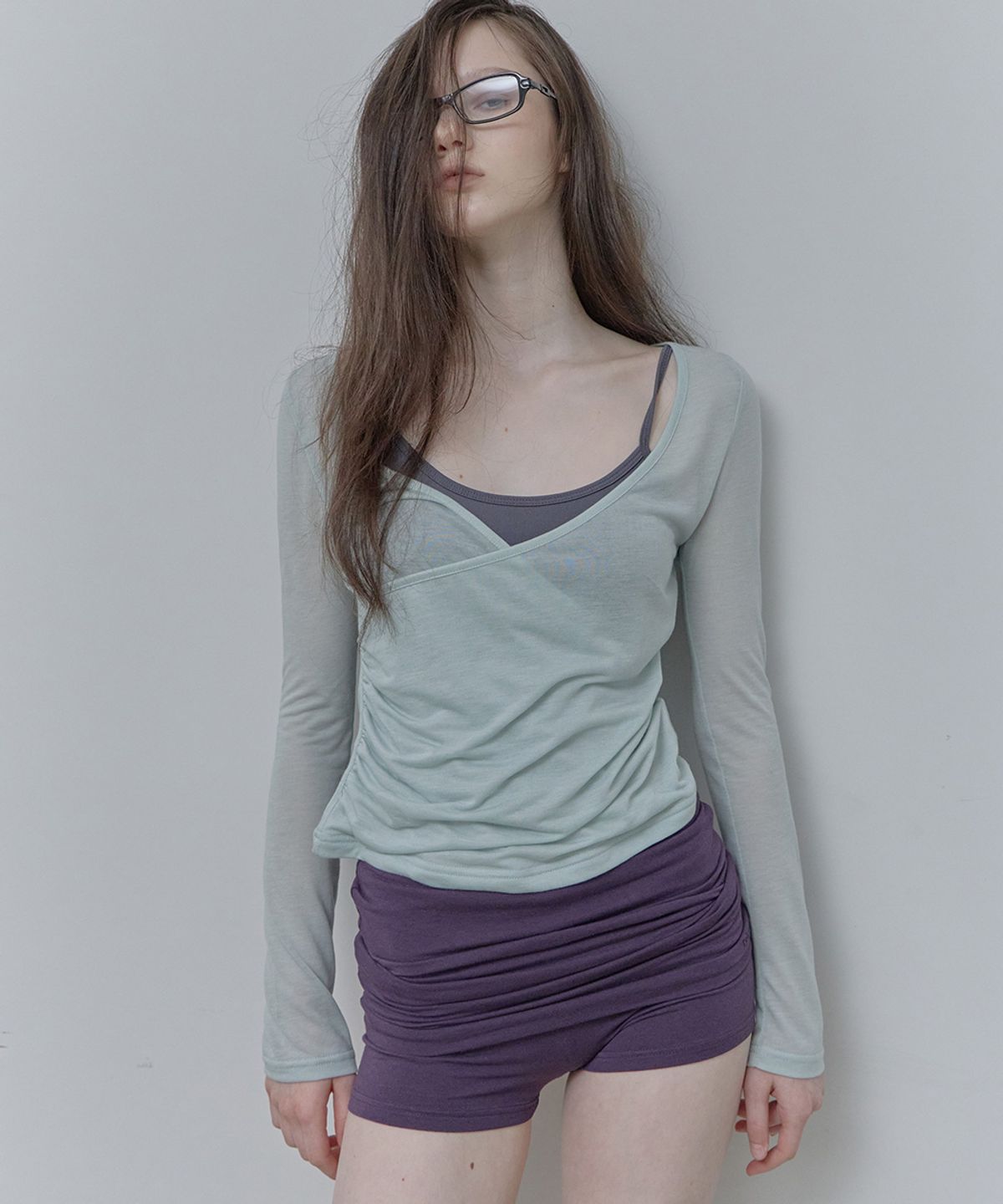 필세(PHILCE) See-through V-neck long-sleeved, Mint