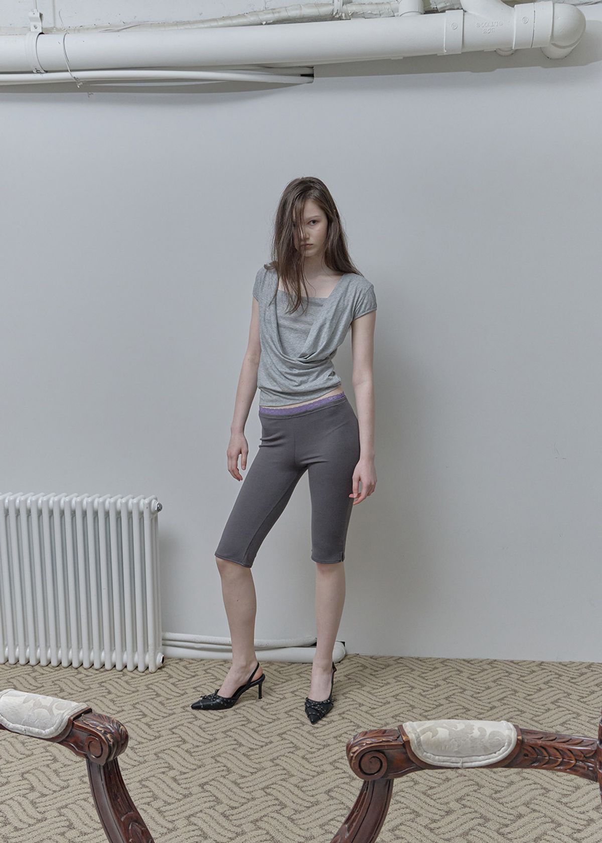 필세(PHILCE) Lace leggings pants, Charcoal